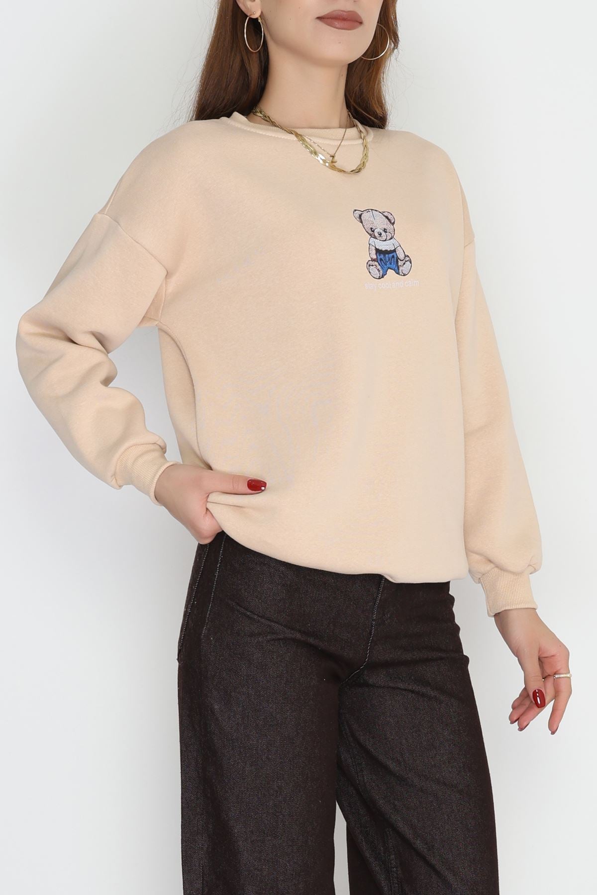 3 İplik Bisiklet Yaka Sweat Bej - 42237.1878.