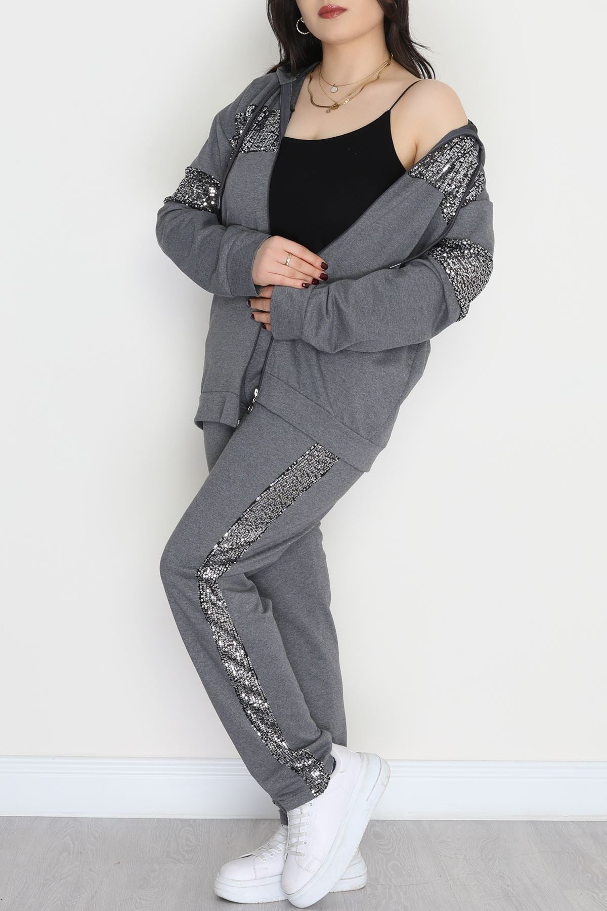 Pul Garnili 2 İplik Büyük Beden Eşofman Takımı Füme - 50808.1857.