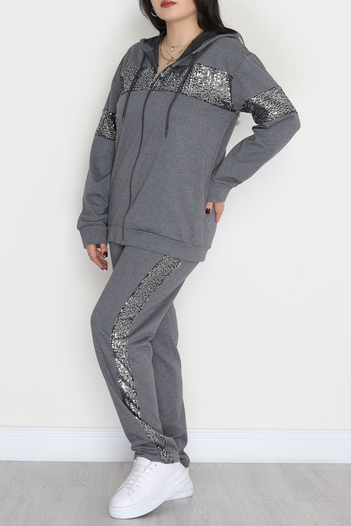 Pul Garnili 2 İplik Büyük Beden Eşofman Takımı Füme - 50808.1857.