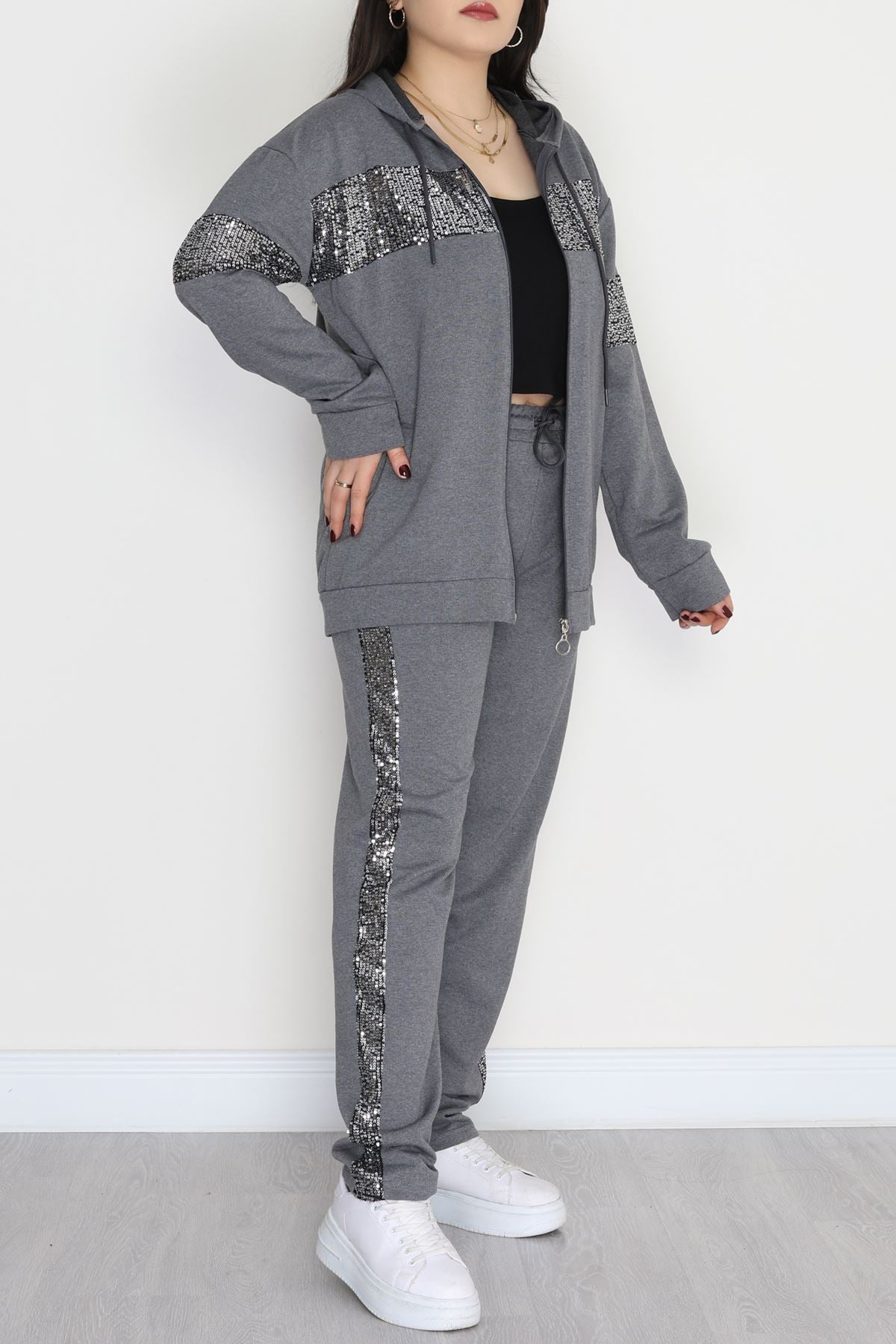 Pul Garnili 2 İplik Büyük Beden Eşofman Takımı Füme - 50808.1857.