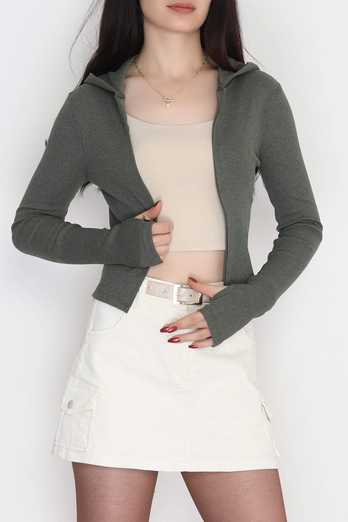 Kapşonlu Parmak Geçmeli Kaşkorse Body Haki - 70769.1748.