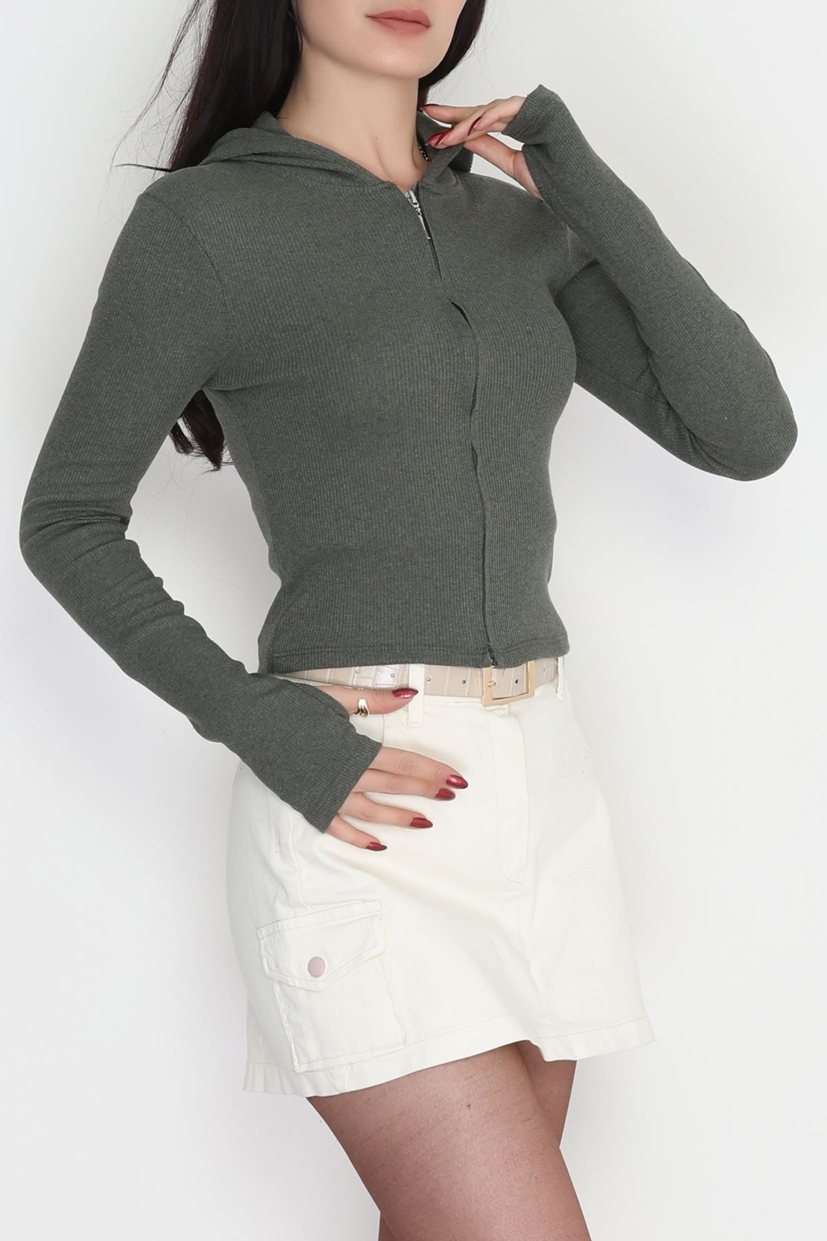 Kapşonlu Parmak Geçmeli Kaşkorse Body Haki - 70769.1748.