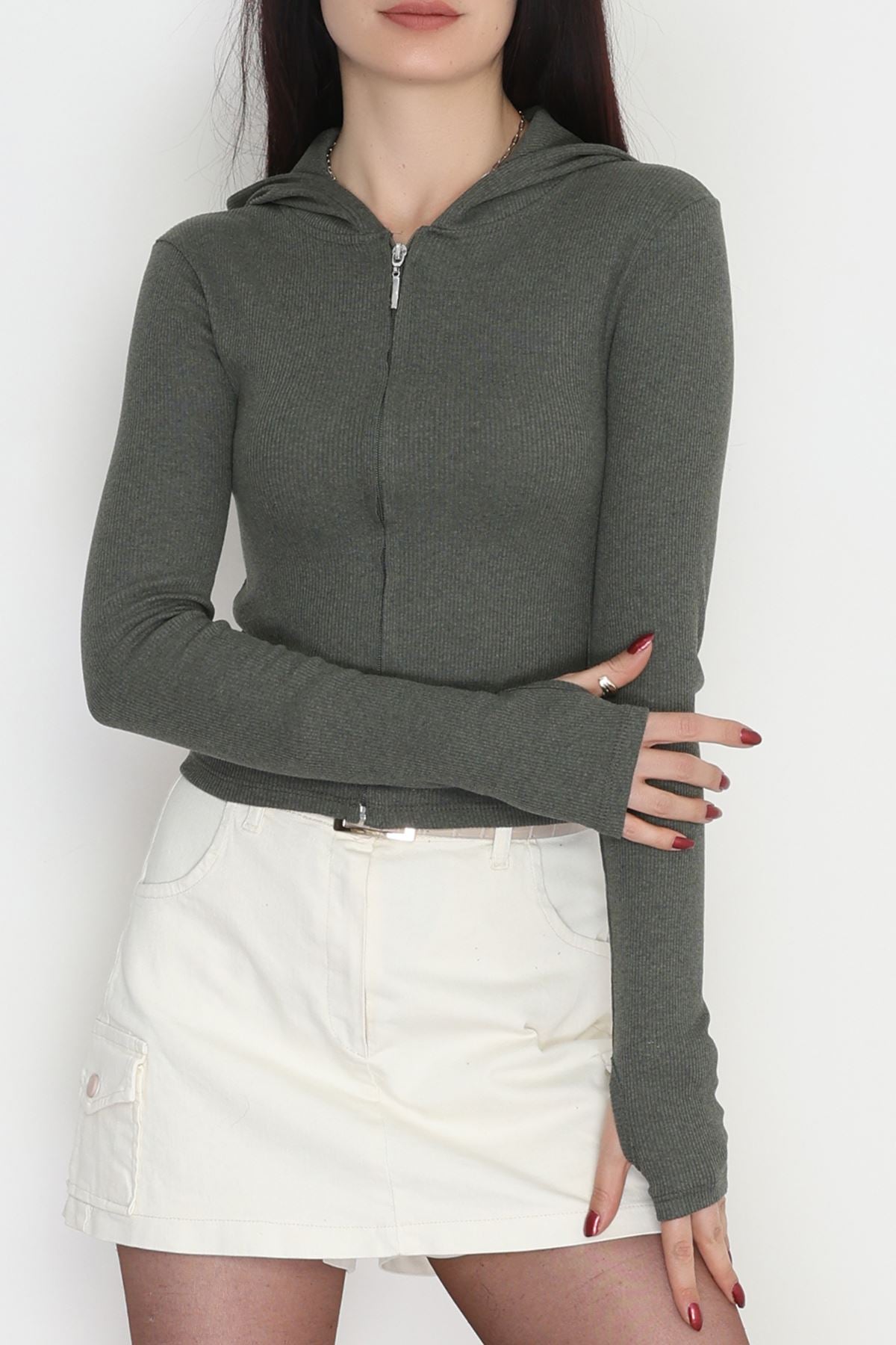 Kapşonlu Parmak Geçmeli Kaşkorse Body Haki - 70769.1748.