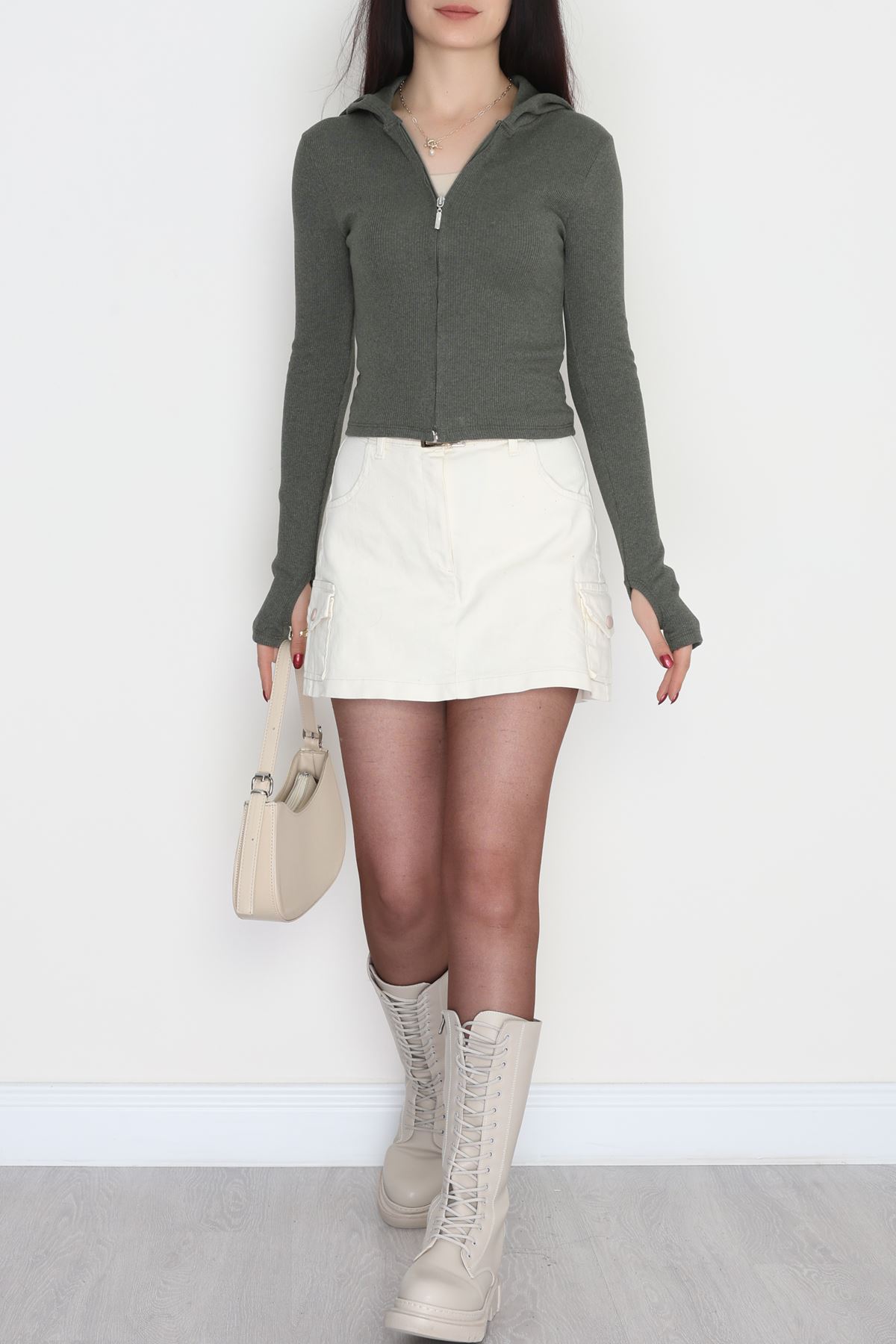 Kapşonlu Parmak Geçmeli Kaşkorse Body Haki - 70769.1748.