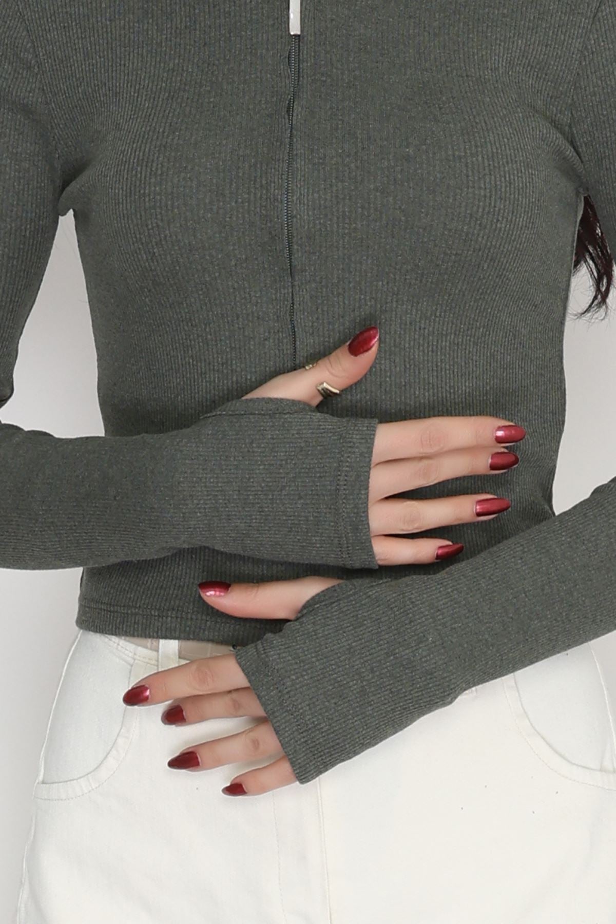 Kapşonlu Parmak Geçmeli Kaşkorse Body Haki - 70769.1748.