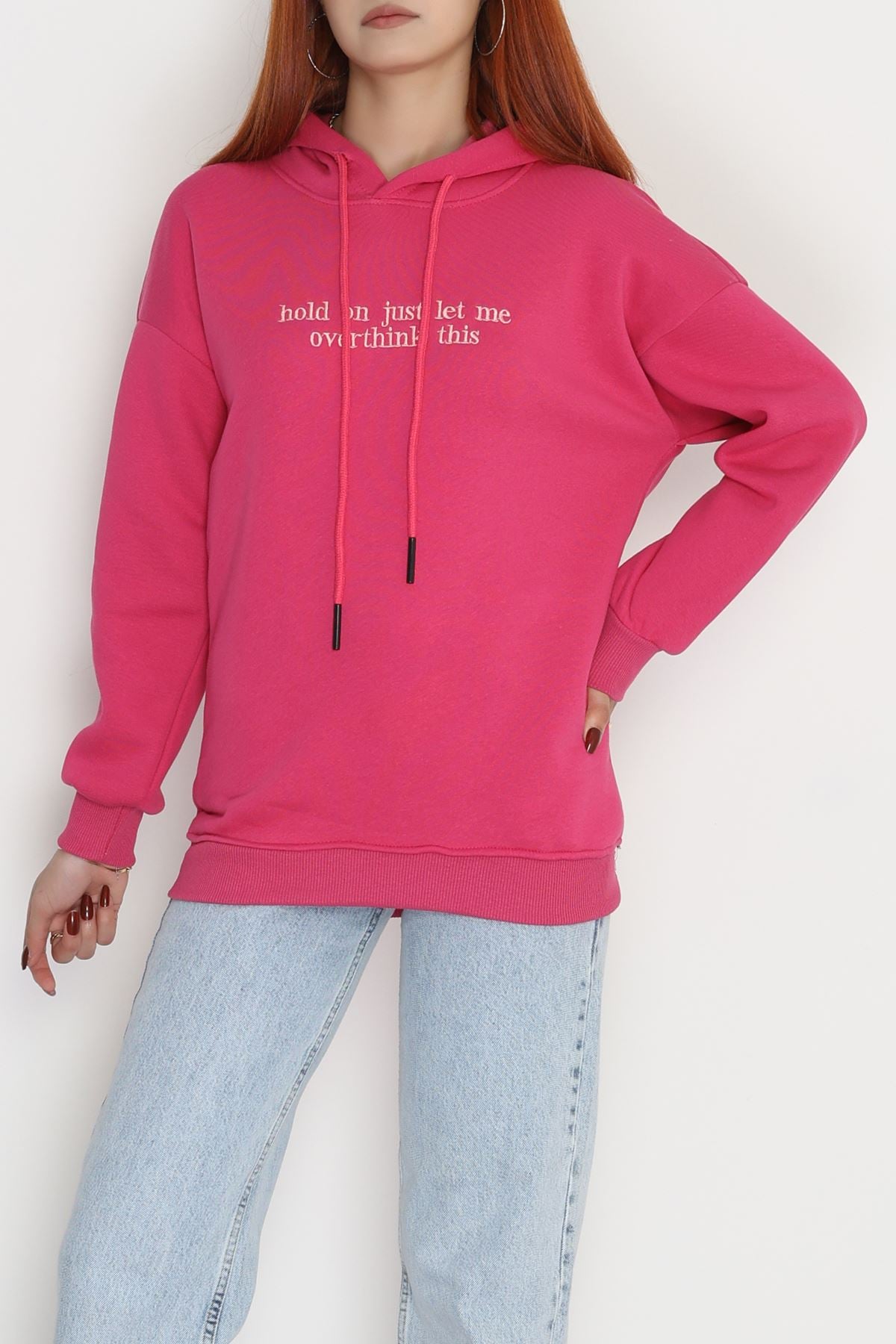 3 İplik Kapşonlu Nakışlı Sweat Fuşya - 42221.1878.