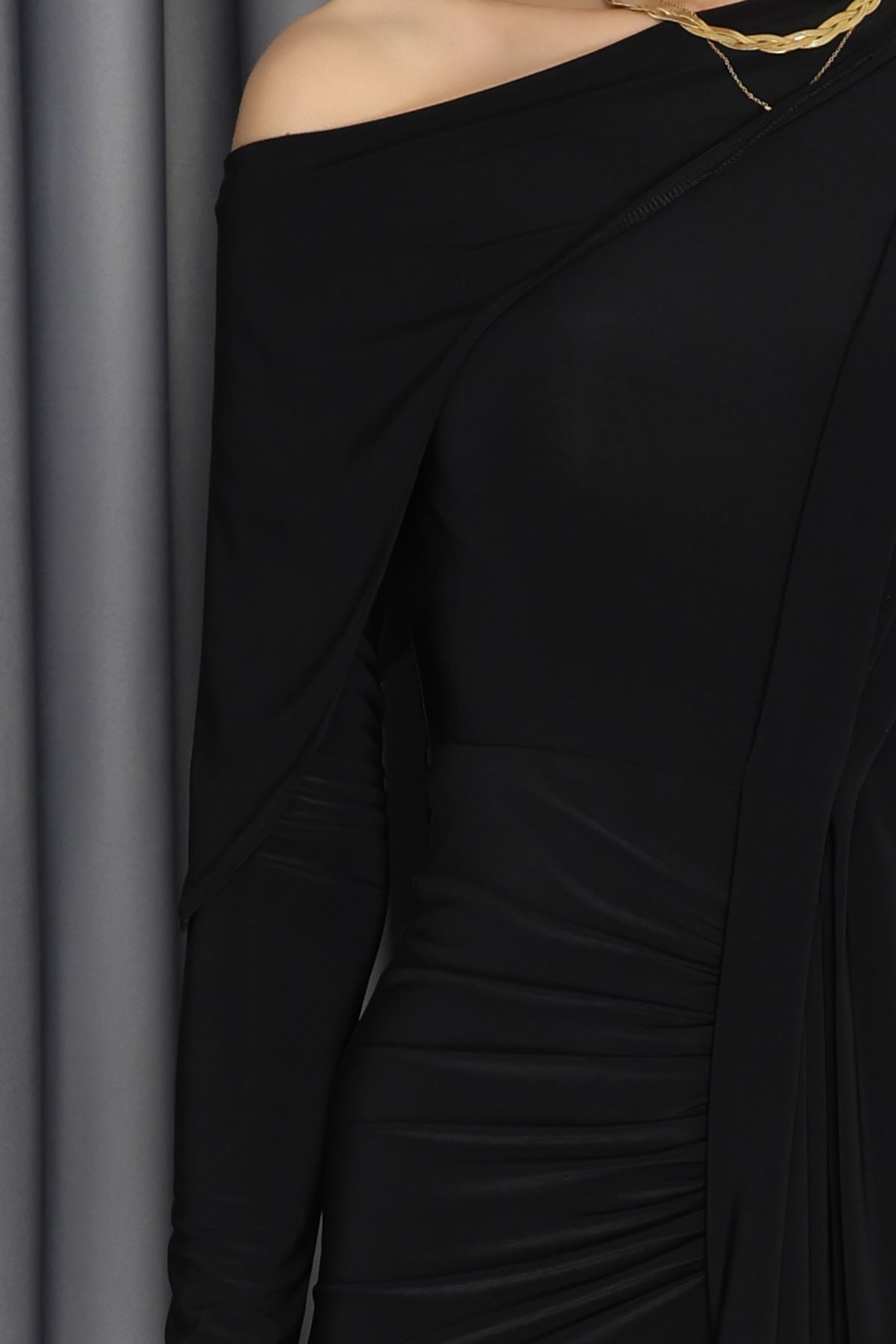 Loch Omuzdan Eteği Pileli Dökümlü Elbise Siyah - 2692.1997.