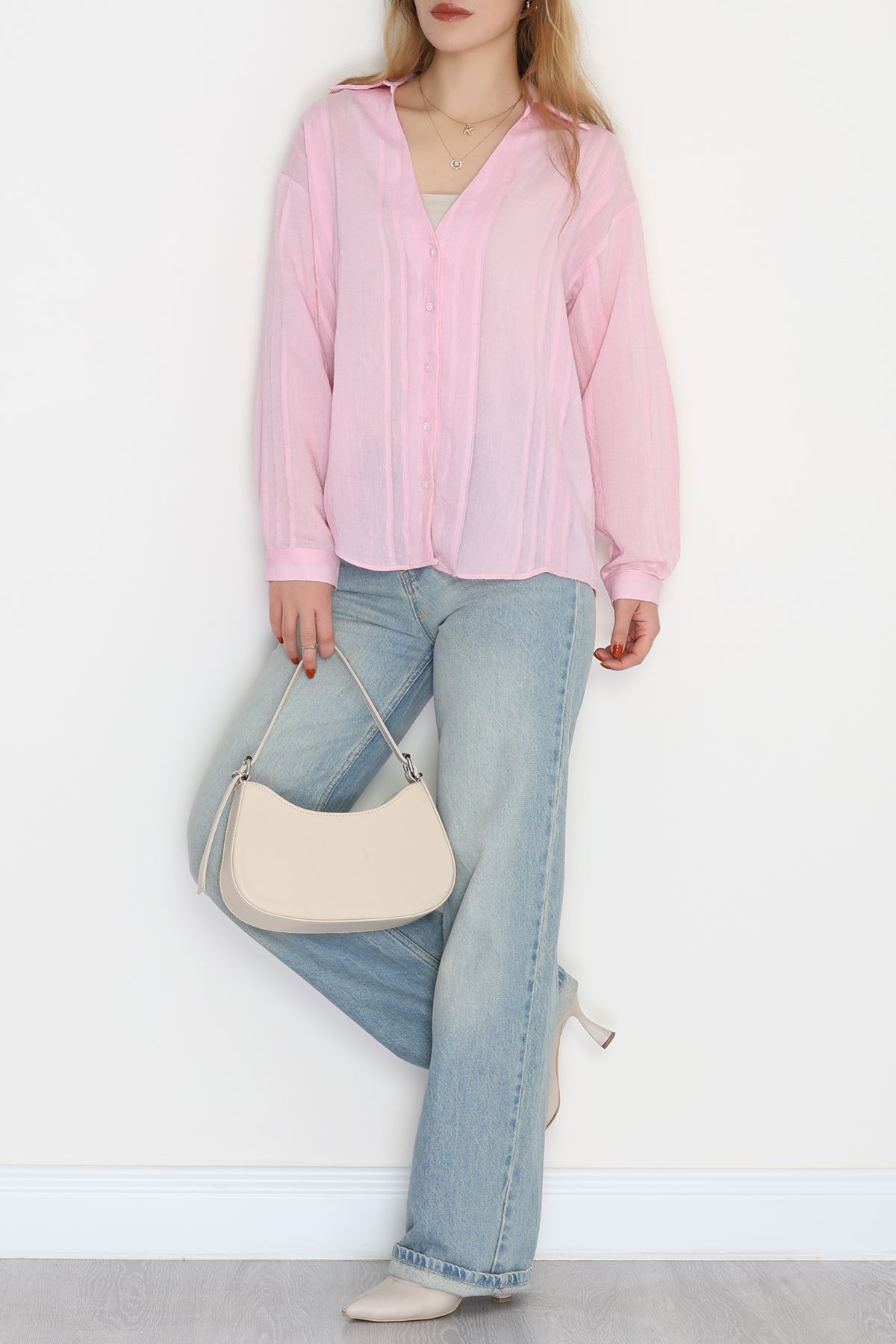 V Yaka Çizgi Detaylı Gömlek Pembe - 41546.444.