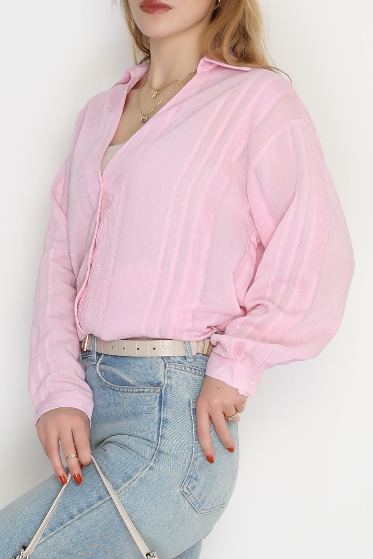 V Yaka Çizgi Detaylı Gömlek Pembe - 41546.444.