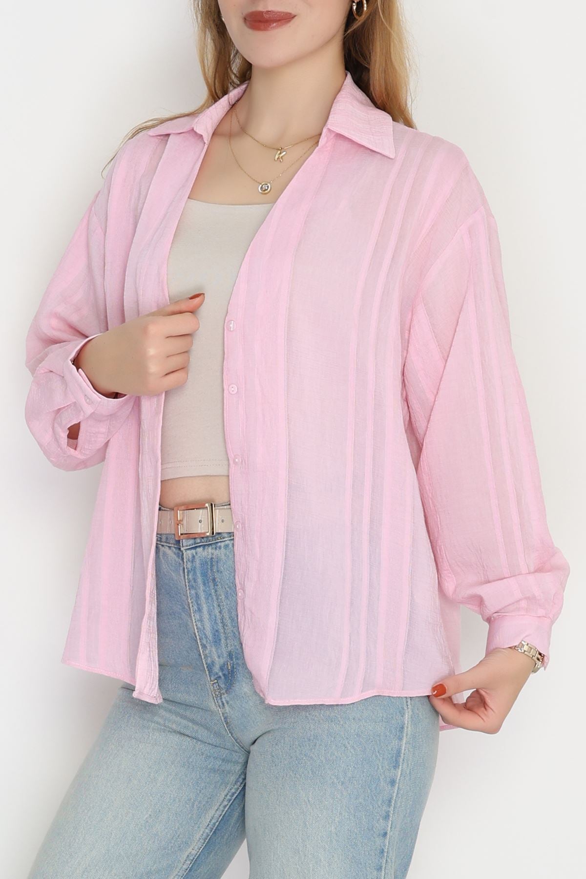 V Yaka Çizgi Detaylı Gömlek Pembe - 41546.444.