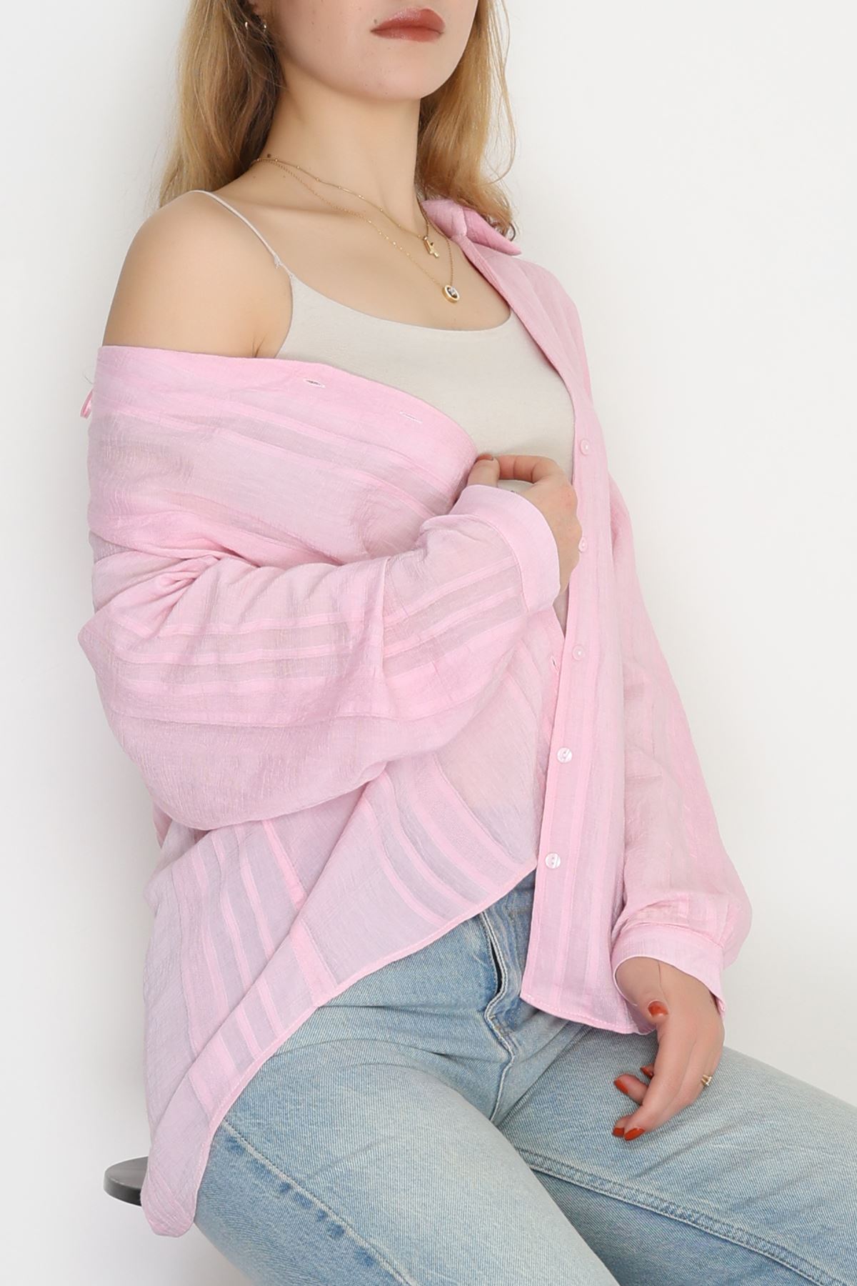 V Yaka Çizgi Detaylı Gömlek Pembe - 41546.444.