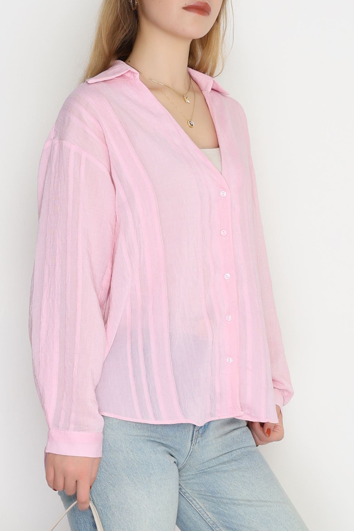 V Yaka Çizgi Detaylı Gömlek Pembe - 41546.444.
