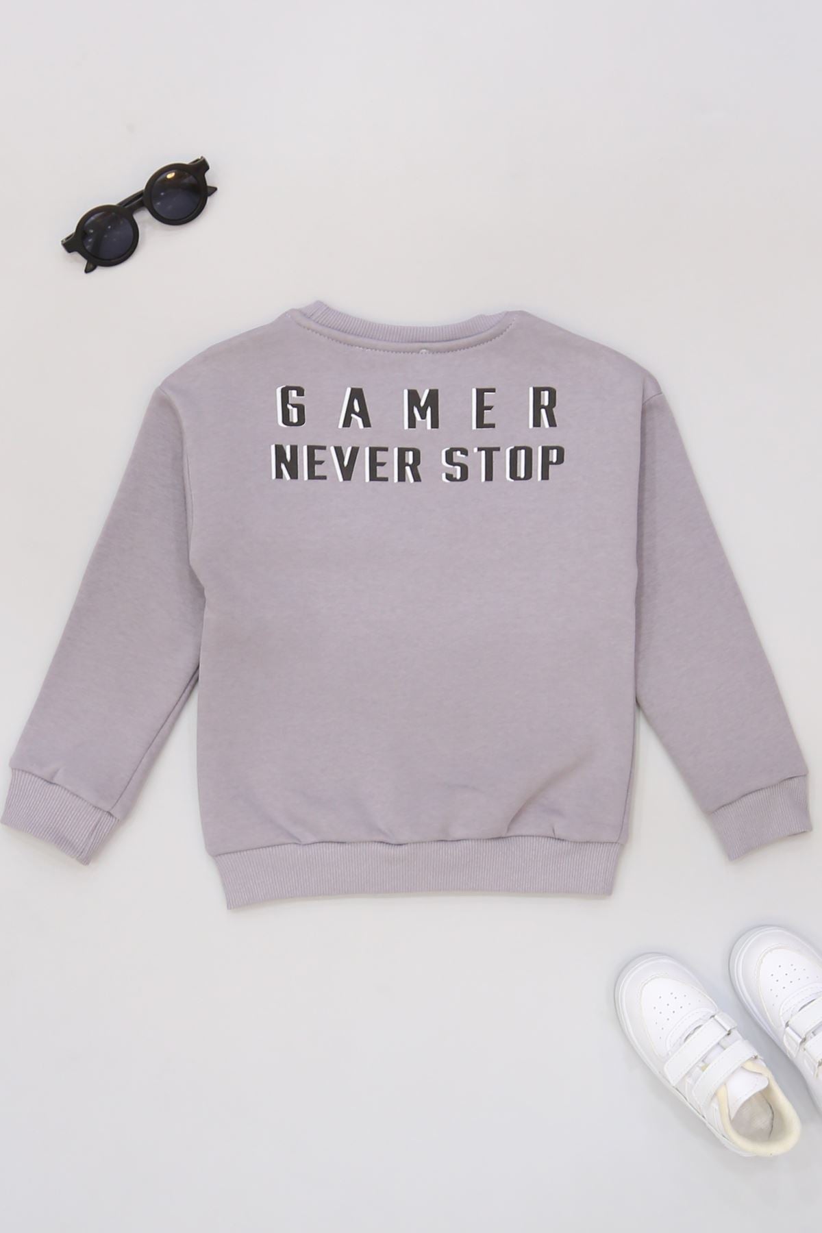 6-9 Yaş Gamer Baskılı 3 İp Şardonlu Sweatshirt Gri - 2264219.1576.