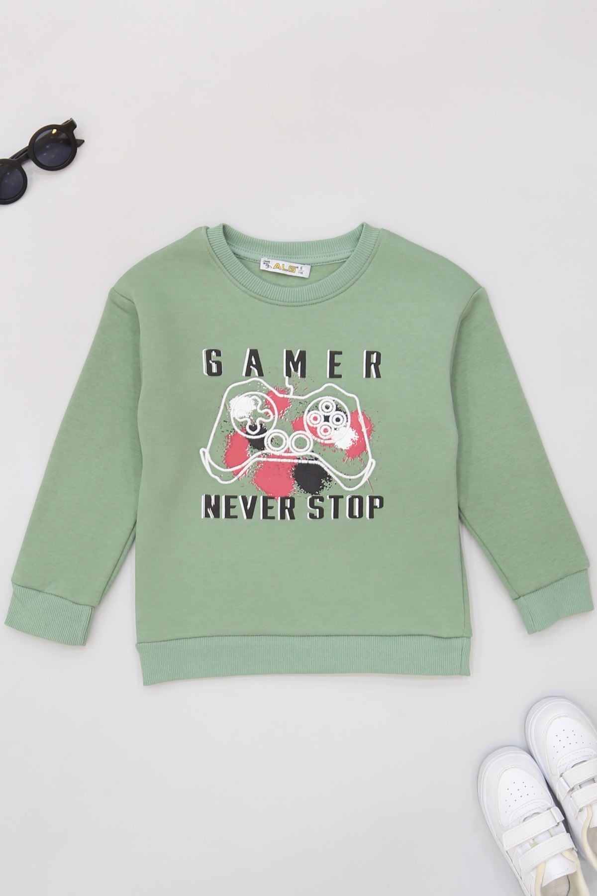 6-9 Yaş Gamer Baskılı 3 İp Şardonlu Sweatshirt Mint - 2264219.1576.