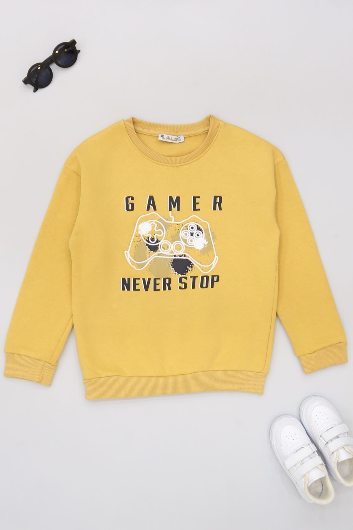 6-9 Yaş Gamer Baskılı 3 İp Şardonlu Sweatshirt Hardal - 2264219.1576.