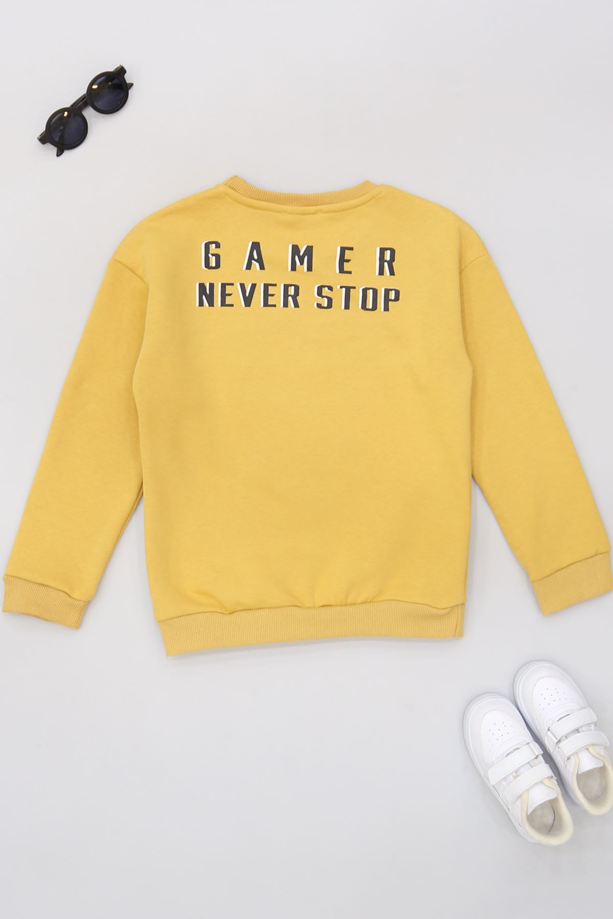 6-9 Yaş Gamer Baskılı 3 İp Şardonlu Sweatshirt Hardal - 2264219.1576.
