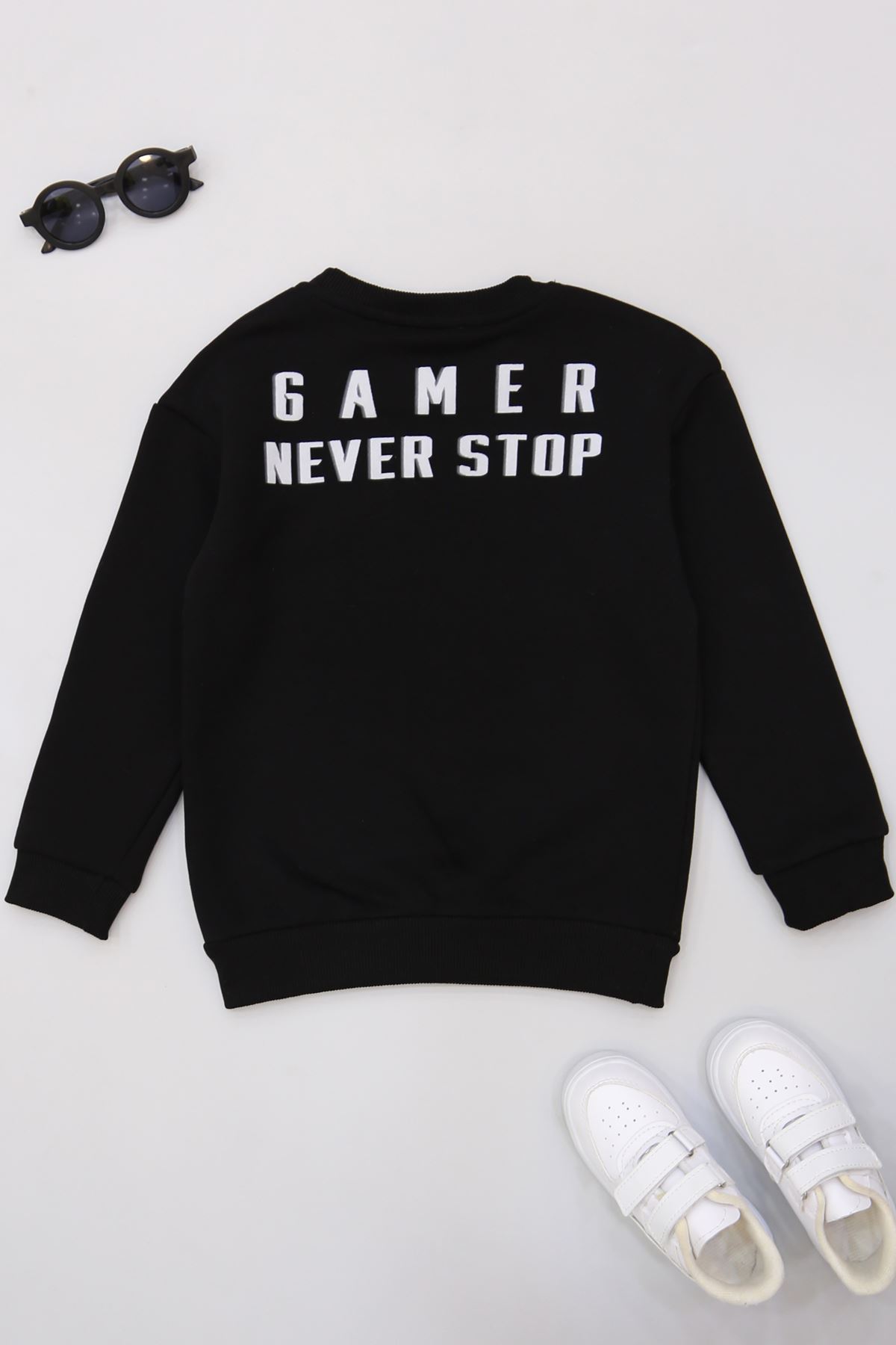 6-9 Yaş Gamer Baskılı 3 İp Şardonlu Sweatshirt Siyah - 2264219.1576.