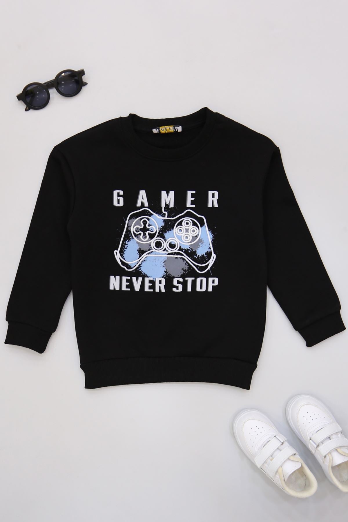 6-9 Yaş Gamer Baskılı 3 İp Şardonlu Sweatshirt Siyah - 2264219.1576.