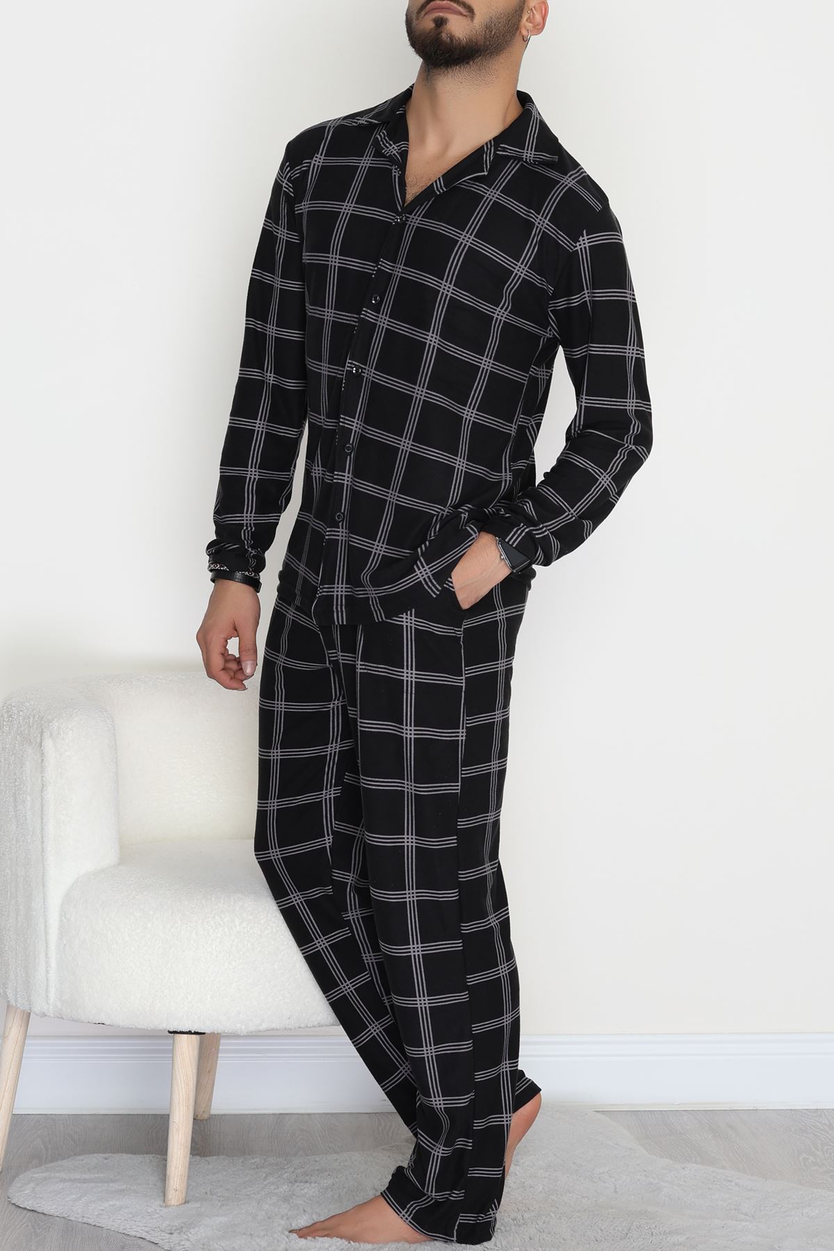 Süet Düğmeli Erkek Pijama Takımı Siyahekose - 755.1287.