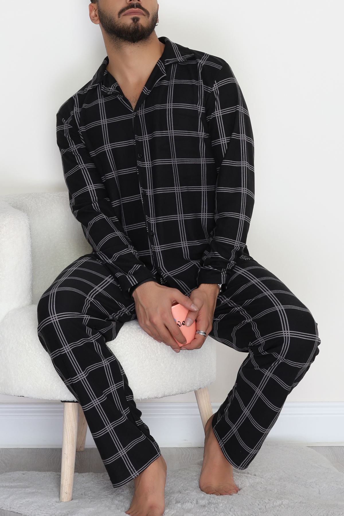 Süet Düğmeli Erkek Pijama Takımı Siyahekose - 755.1287.