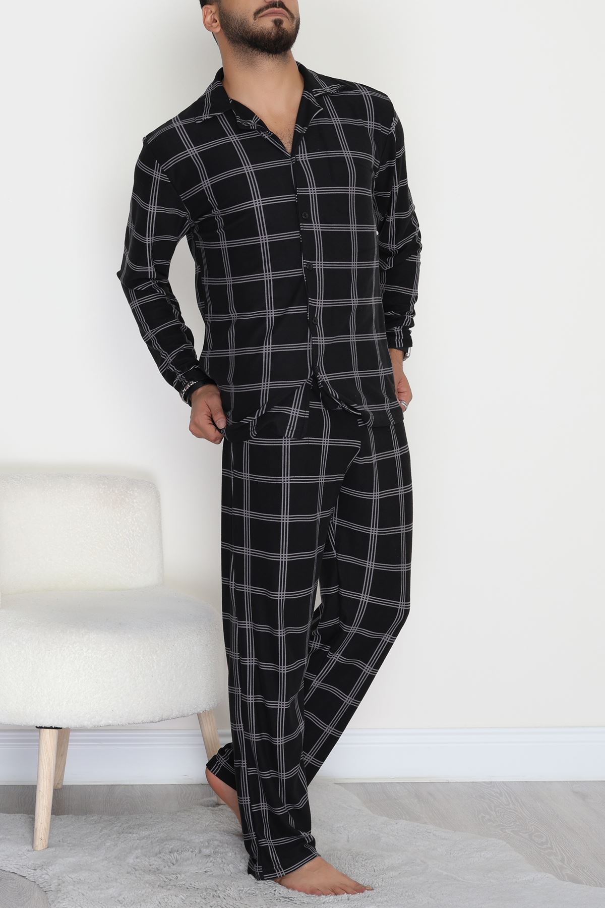 Süet Düğmeli Erkek Pijama Takımı Siyahekose - 755.1287.