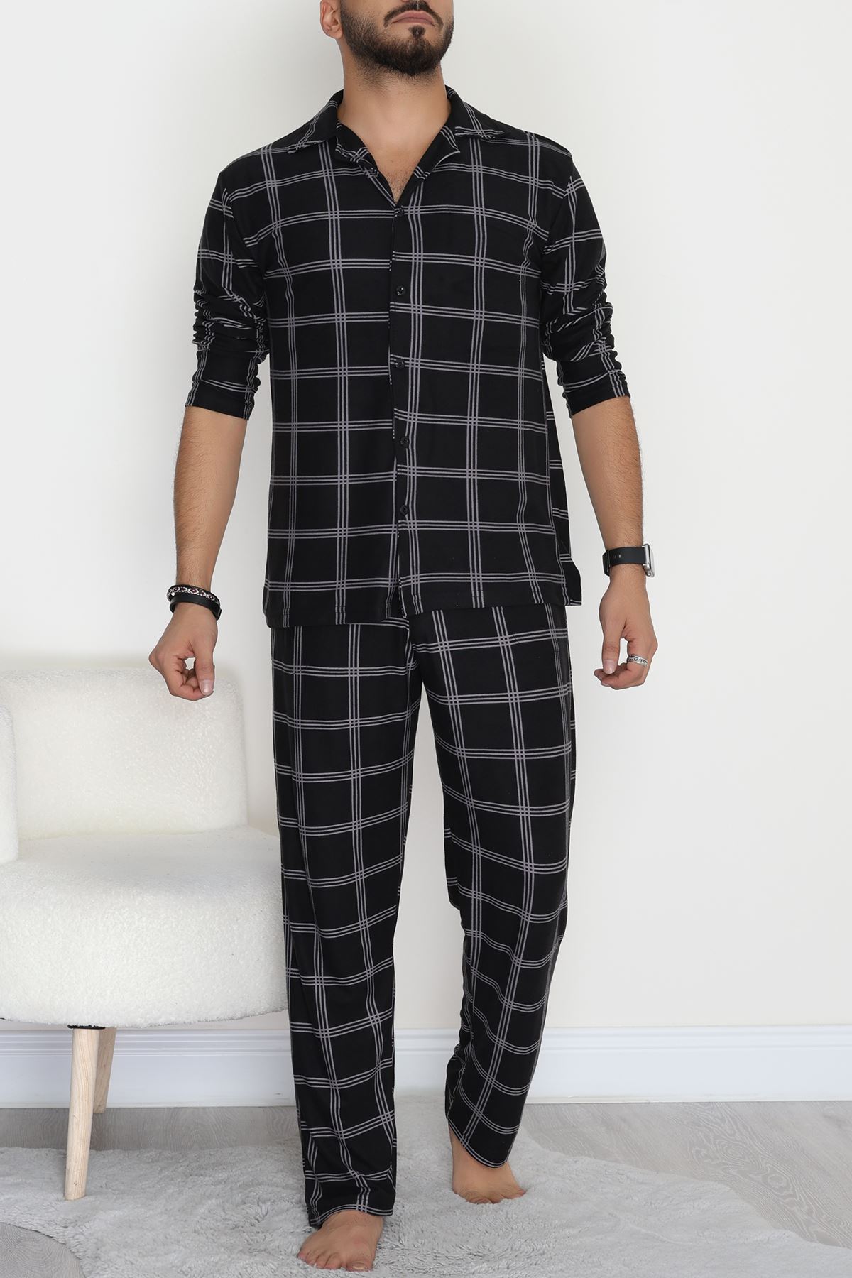 Süet Düğmeli Erkek Pijama Takımı Siyahekose - 755.1287.