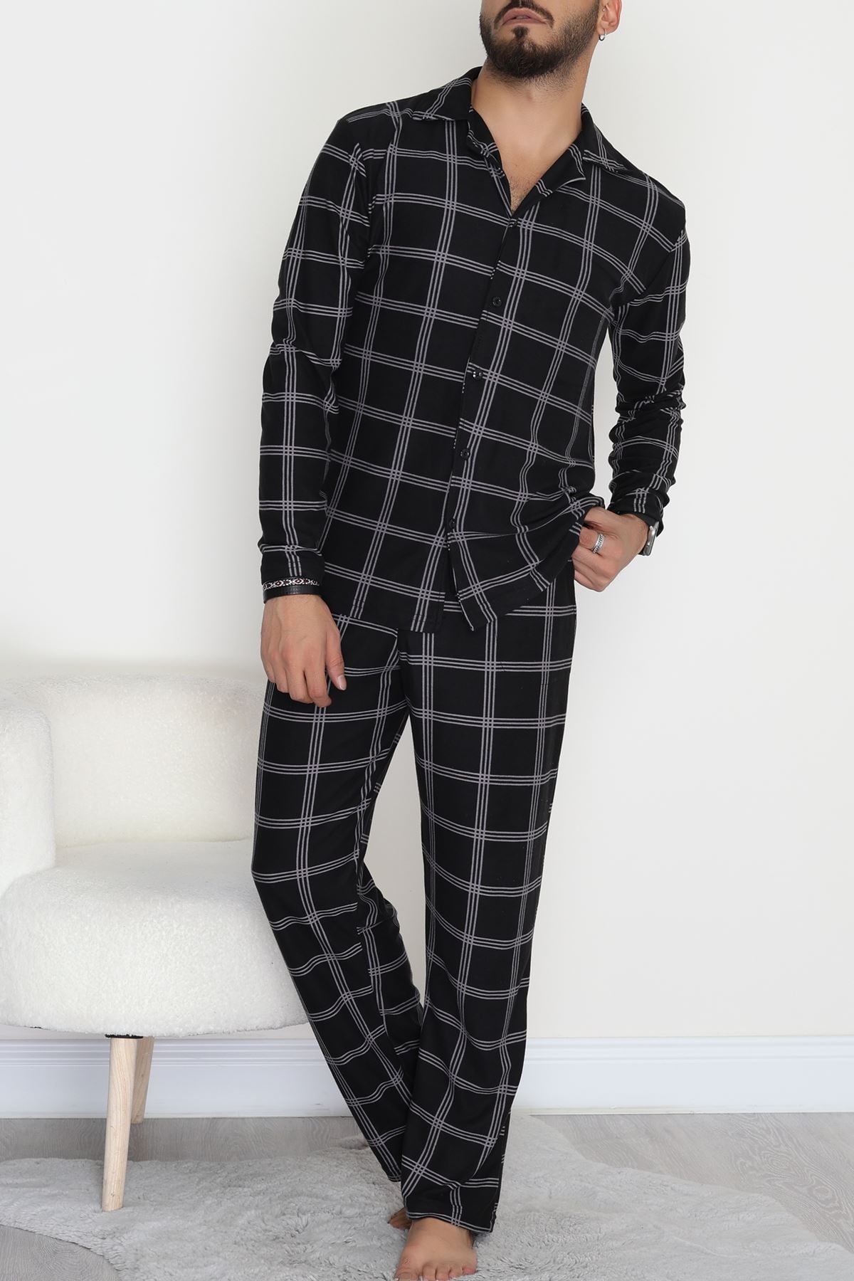 Süet Düğmeli Erkek Pijama Takımı Siyahekose - 755.1287.