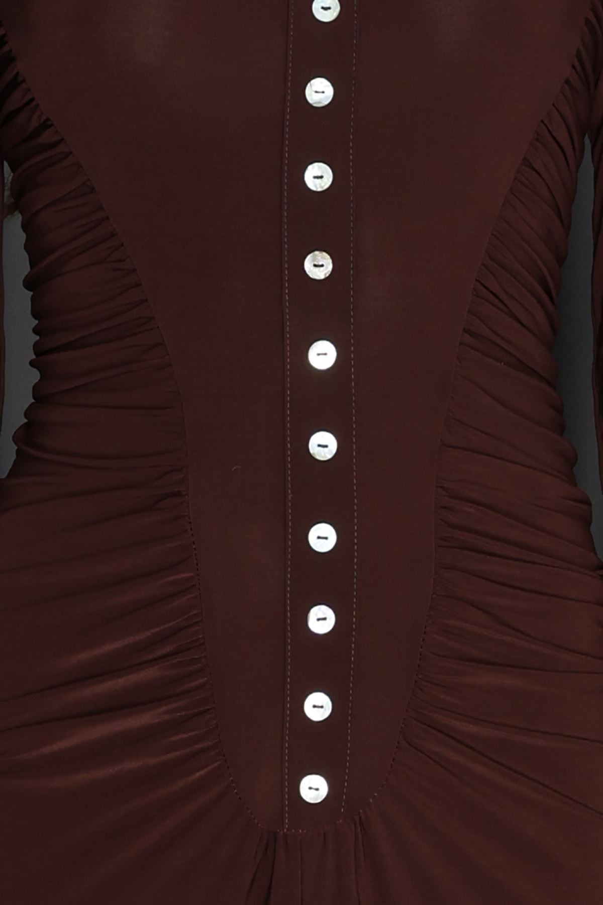 Loch Sedef Süs Düğmeli Yankuplar Büzgülü Elbise Kahve - 2705.1997.