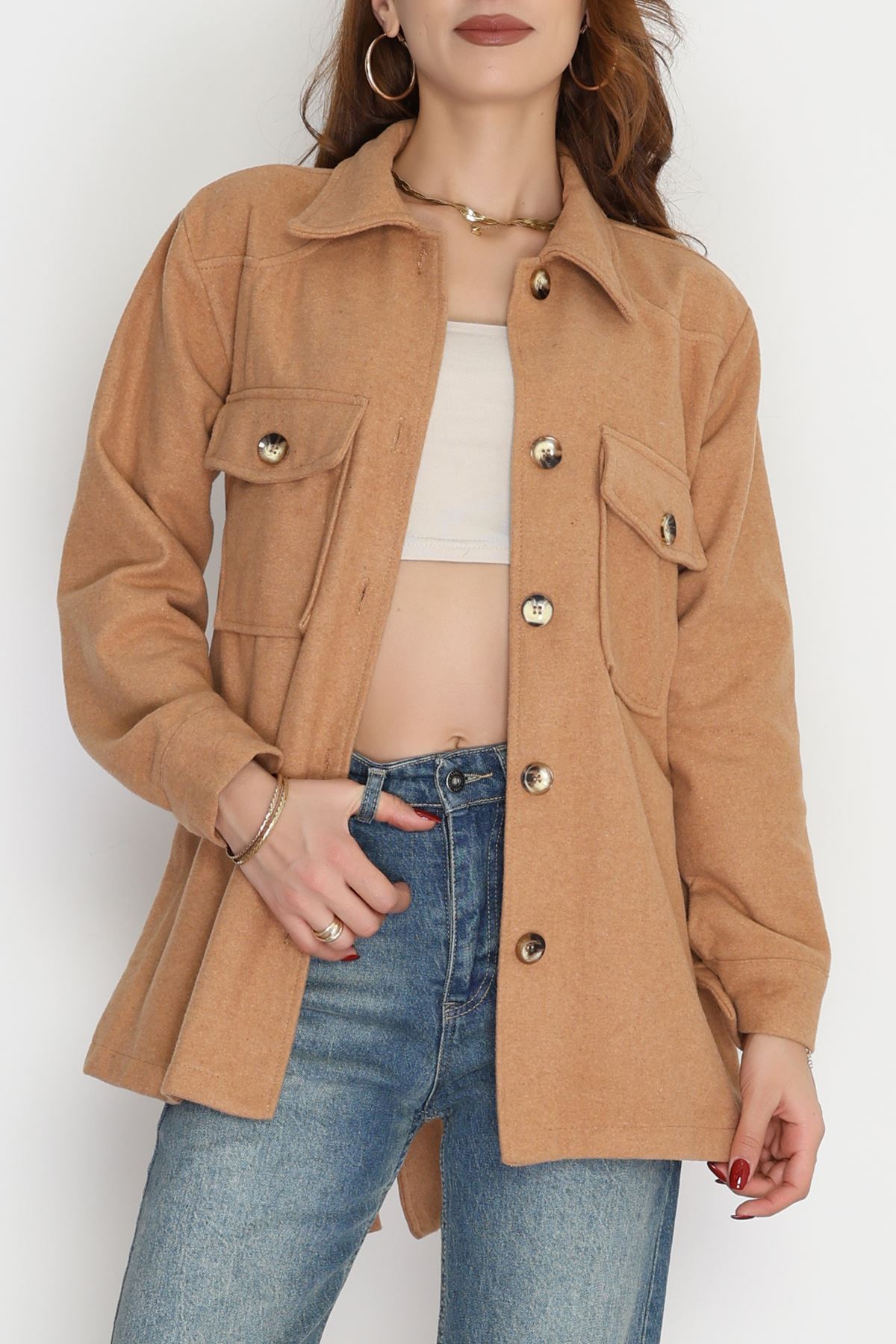 Çift Cepli Kuşaklı Tunik Gömlek Camel - 70991.1775.