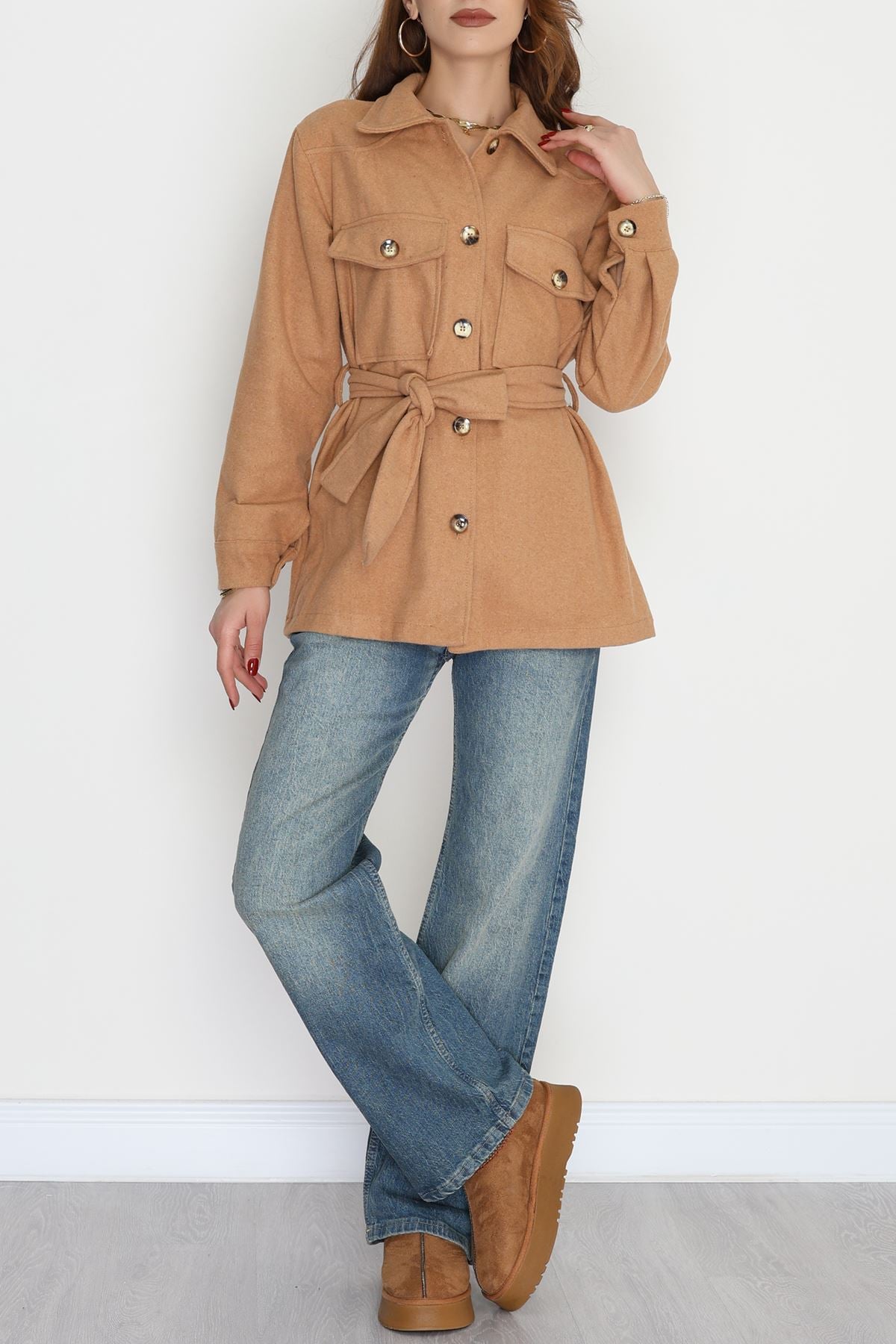 Çift Cepli Kuşaklı Tunik Gömlek Camel - 70991.1775.