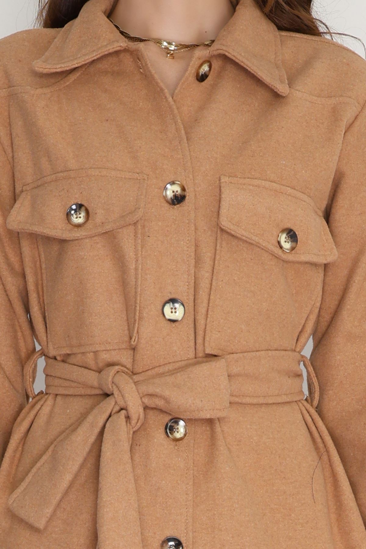 Çift Cepli Kuşaklı Tunik Gömlek Camel - 70991.1775.
