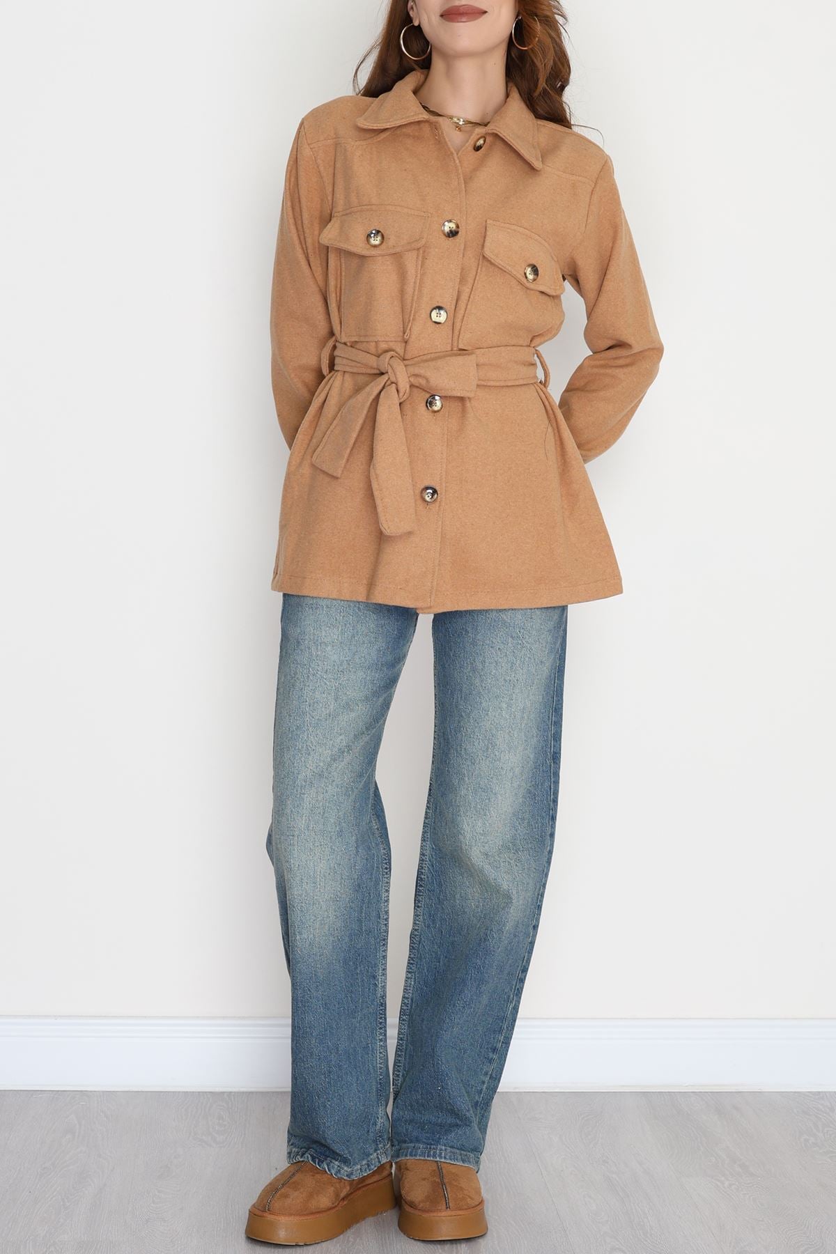 Çift Cepli Kuşaklı Tunik Gömlek Camel - 70991.1775.