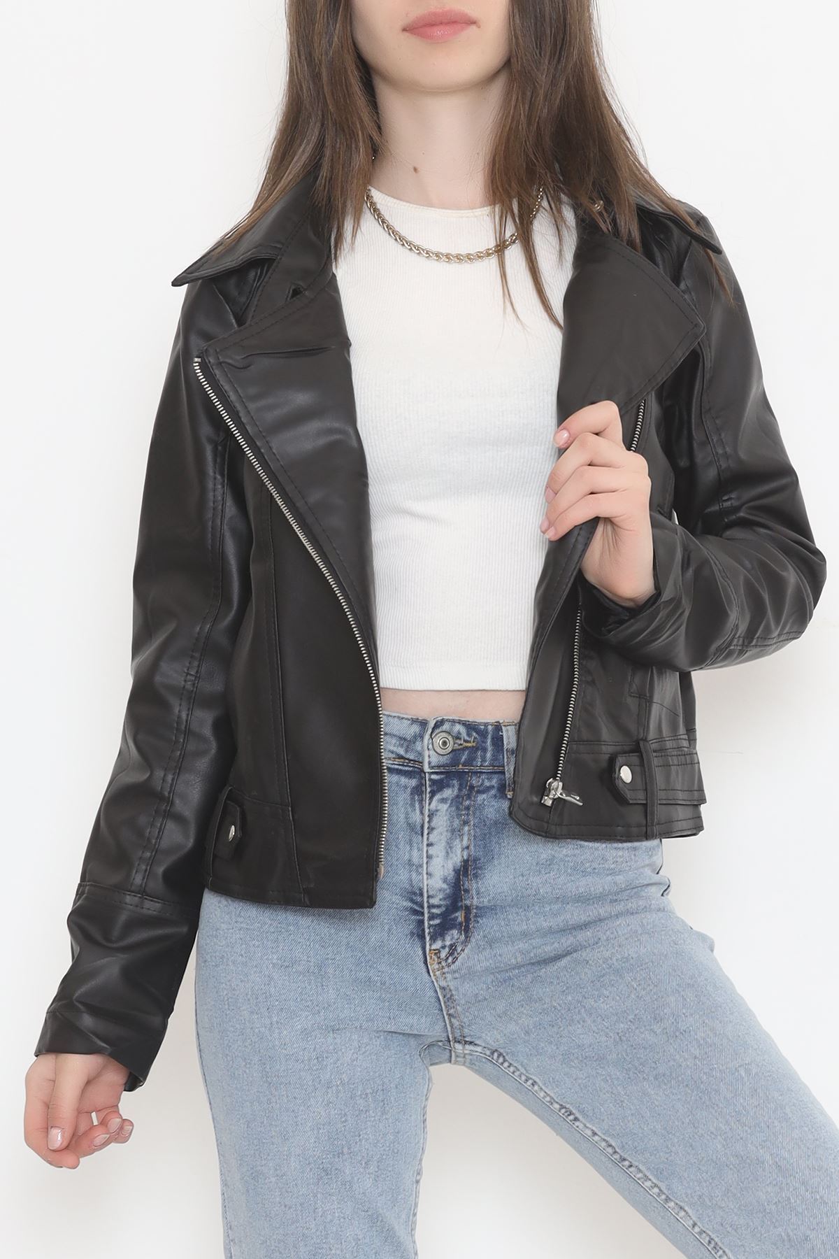 Dik Yaka Deri Ceket Siyah - 1015.146.