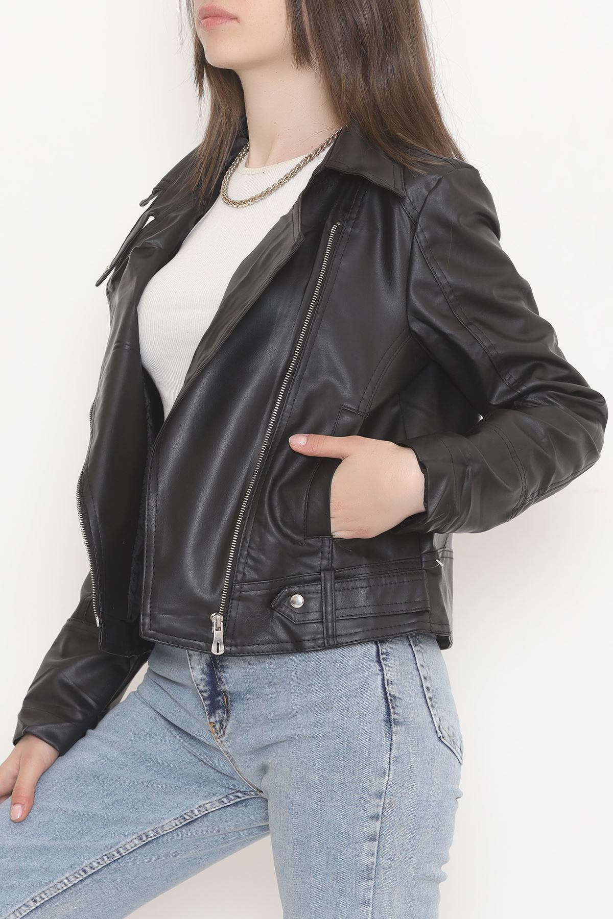 Dik Yaka Deri Ceket Siyah - 1015.146.