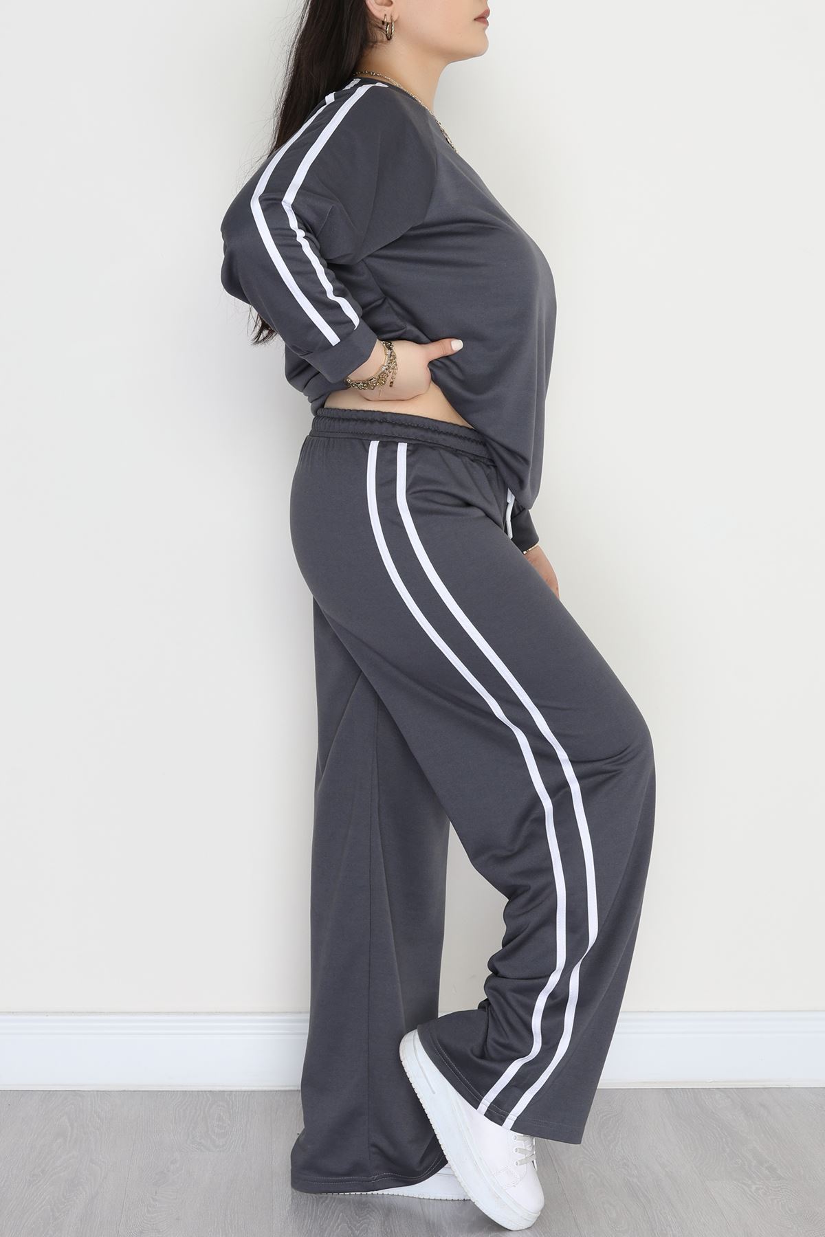 Şeritli 2 İplik Büyük Beden Eşofman Takımı Füme - 50787.1857.