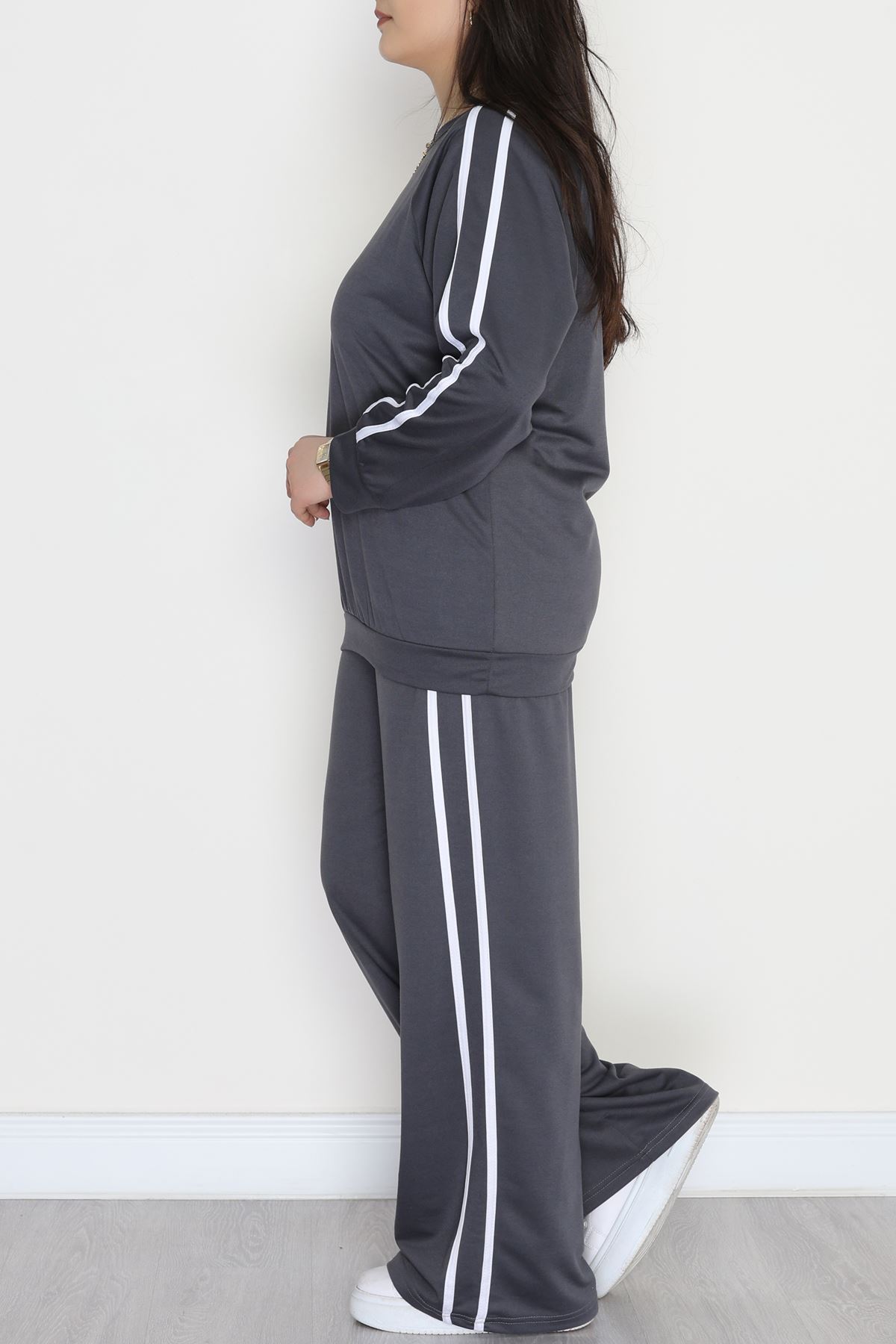 Şeritli 2 İplik Büyük Beden Eşofman Takımı Füme - 50787.1857.