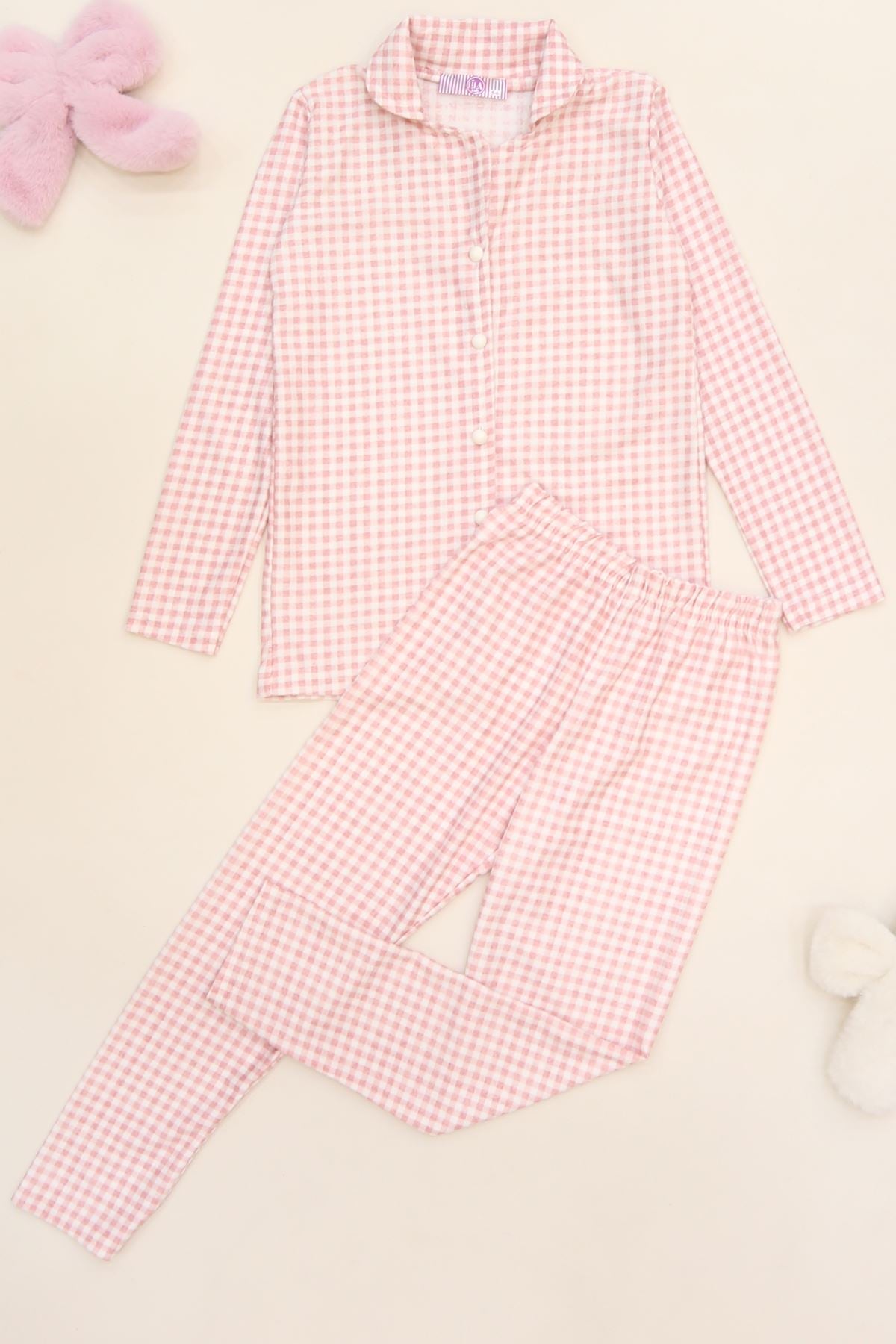 5-12 Yaş Süet Düğmeli Pijama Takımı Pembekareli - 50760.1048.