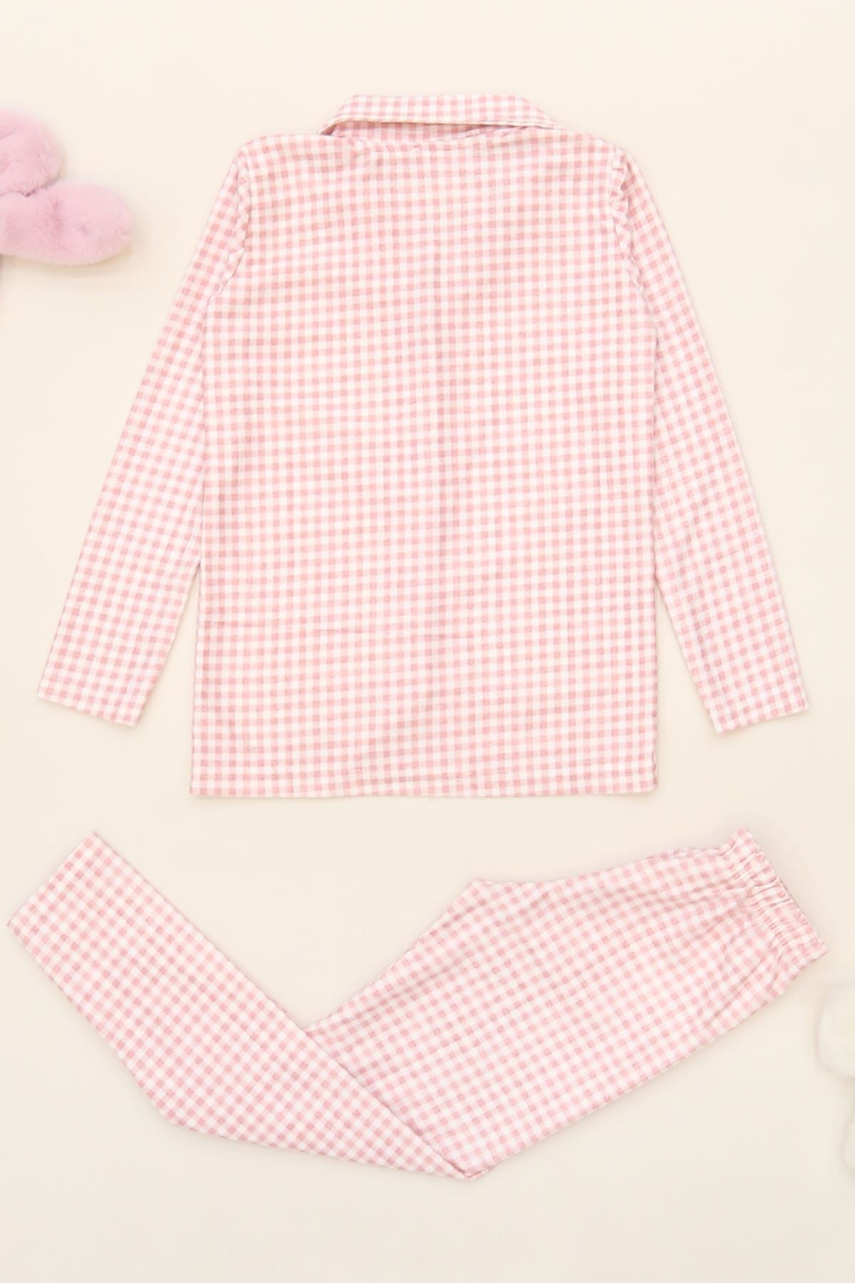 5-12 Yaş Süet Düğmeli Pijama Takımı Pembekareli - 50760.1048.