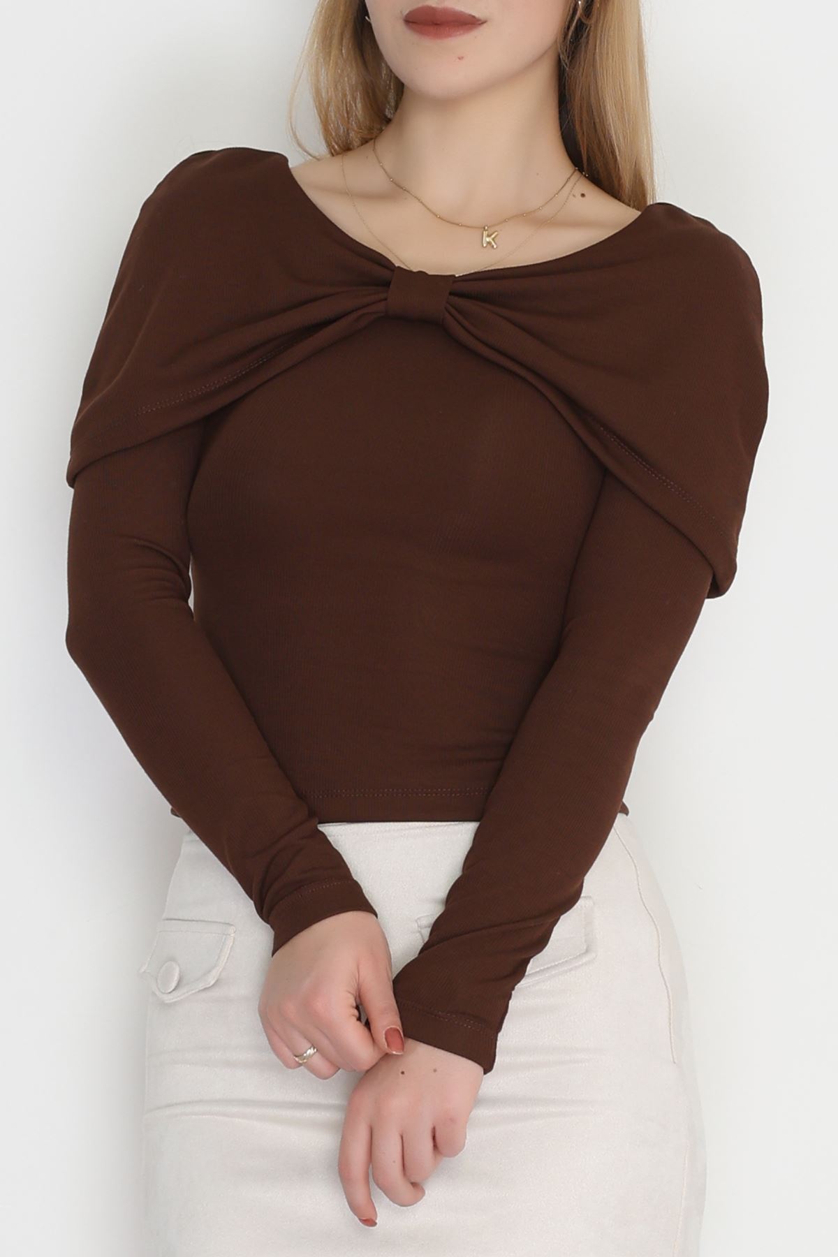 Fitilli Modal Kumaş Fiyonk Detay Bluz Kahve - 70871.1918.