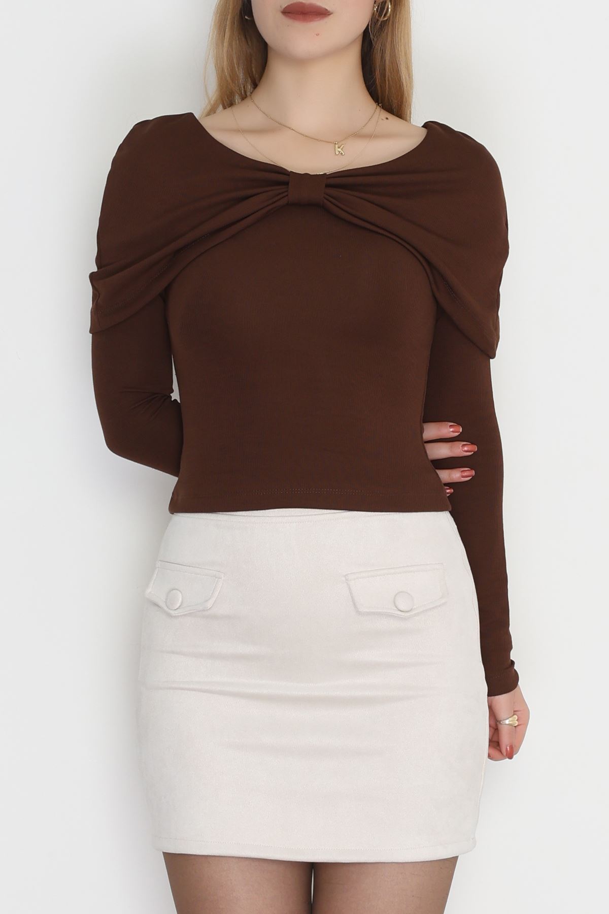 Fitilli Modal Kumaş Fiyonk Detay Bluz Kahve - 70871.1918.