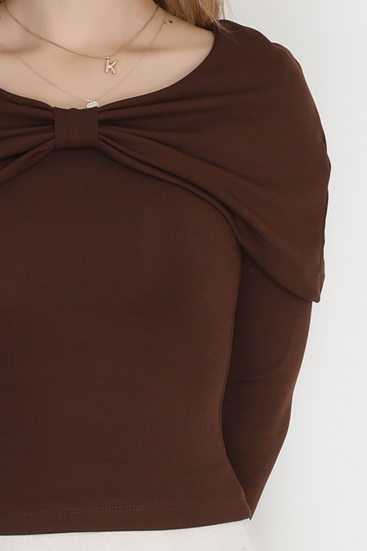 Fitilli Modal Kumaş Fiyonk Detay Bluz Kahve - 70871.1918.