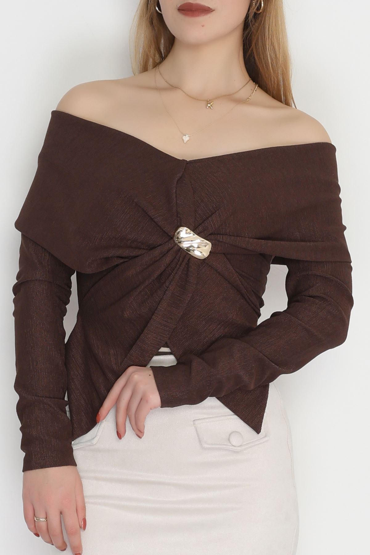 Elegant Kumaş Toka Detay Bluz Kahve - 70872.1918.