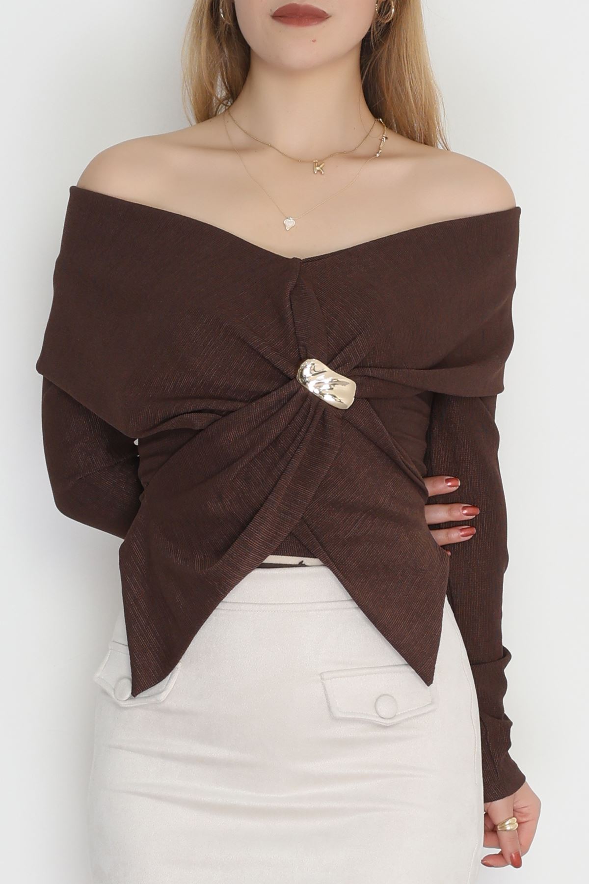 Elegant Kumaş Toka Detay Bluz Kahve - 70872.1918.