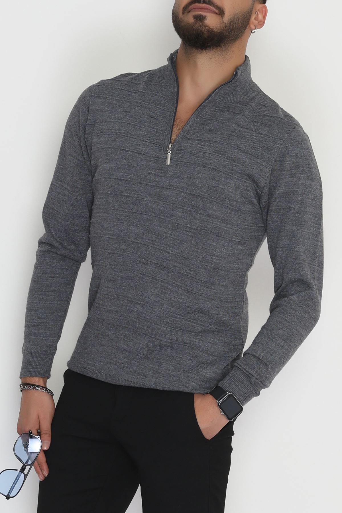Yakası Fermuarlı Erkek Triko Füme - 2550.2052.