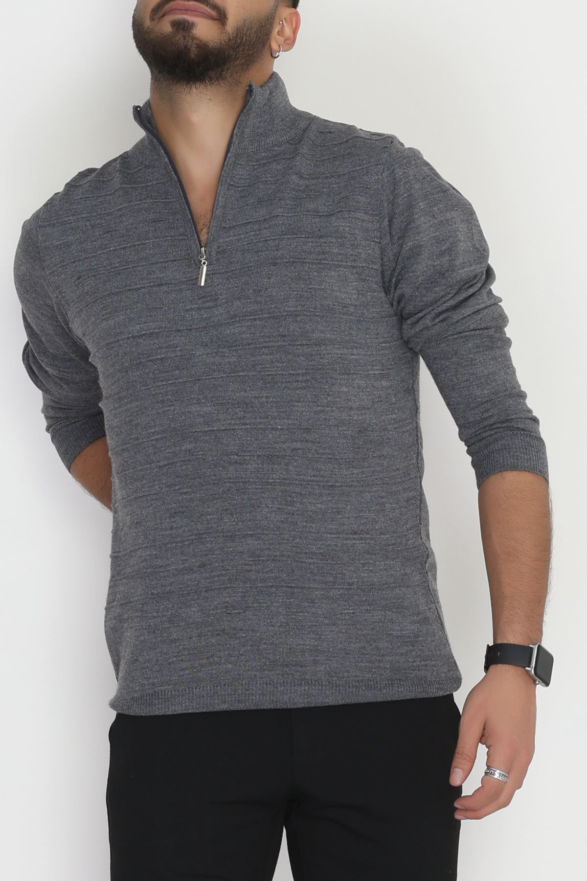 Yakası Fermuarlı Erkek Triko Füme - 2550.2052.