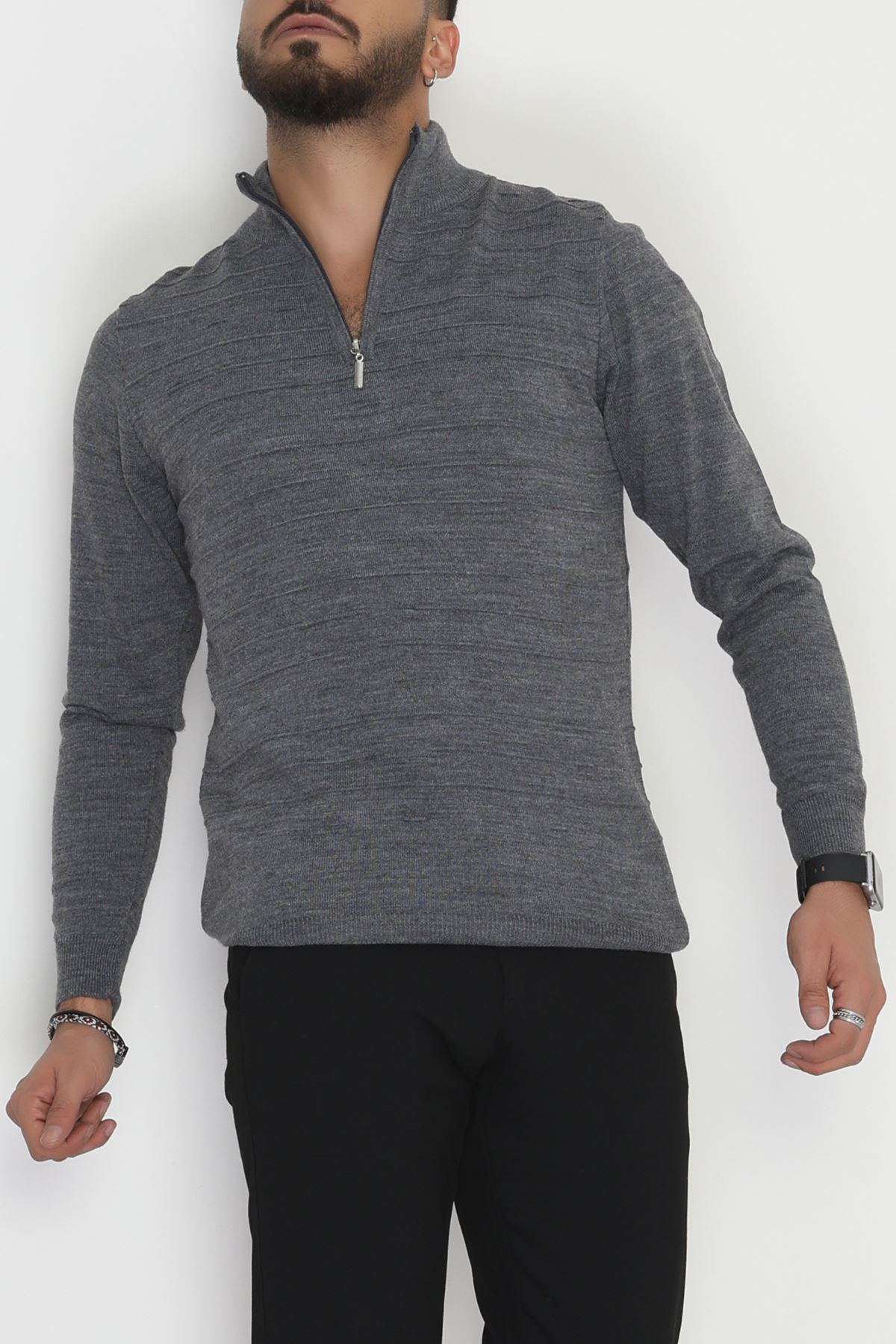 Yakası Fermuarlı Erkek Triko Füme - 2550.2052.