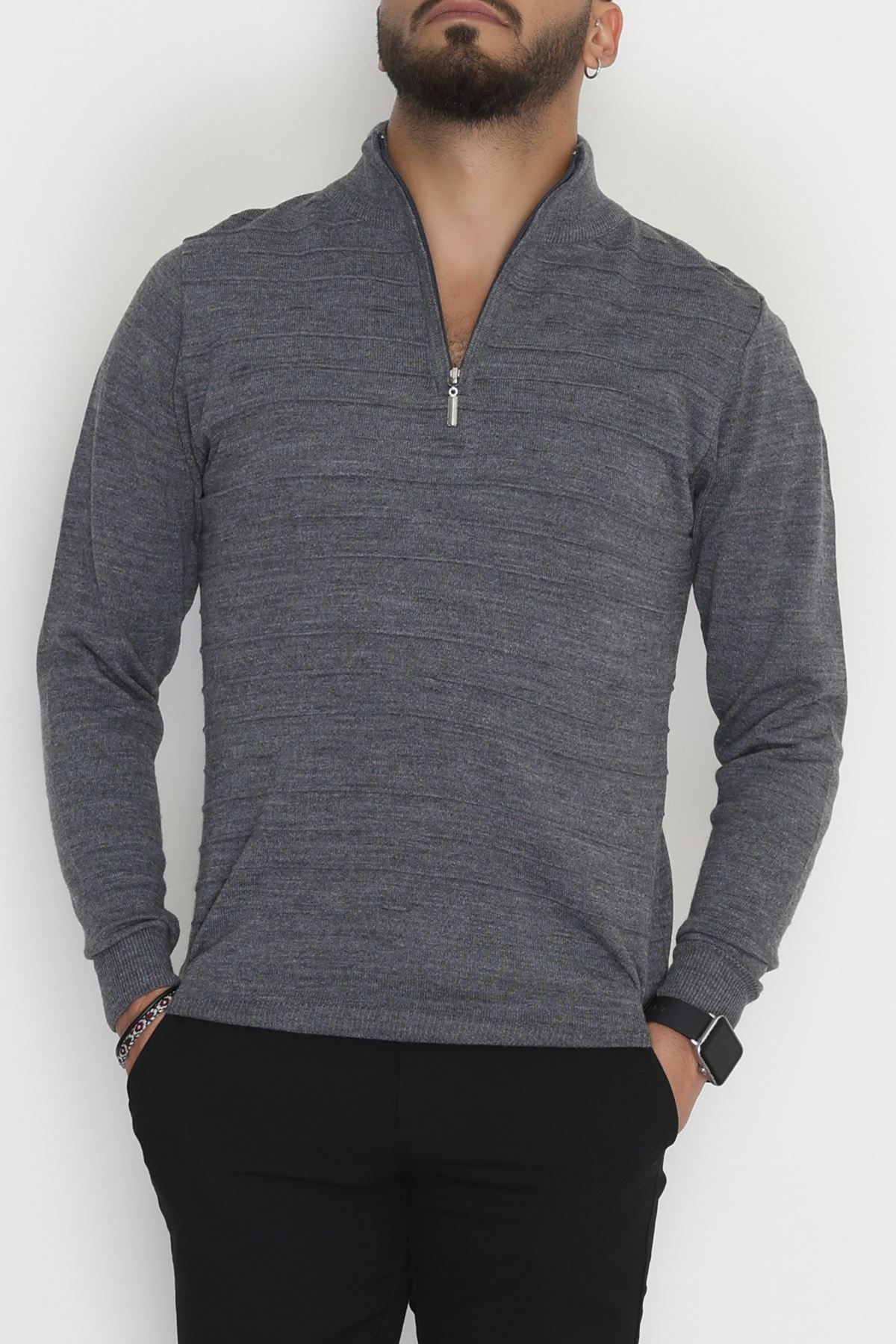 Yakası Fermuarlı Erkek Triko Füme - 2550.2052.