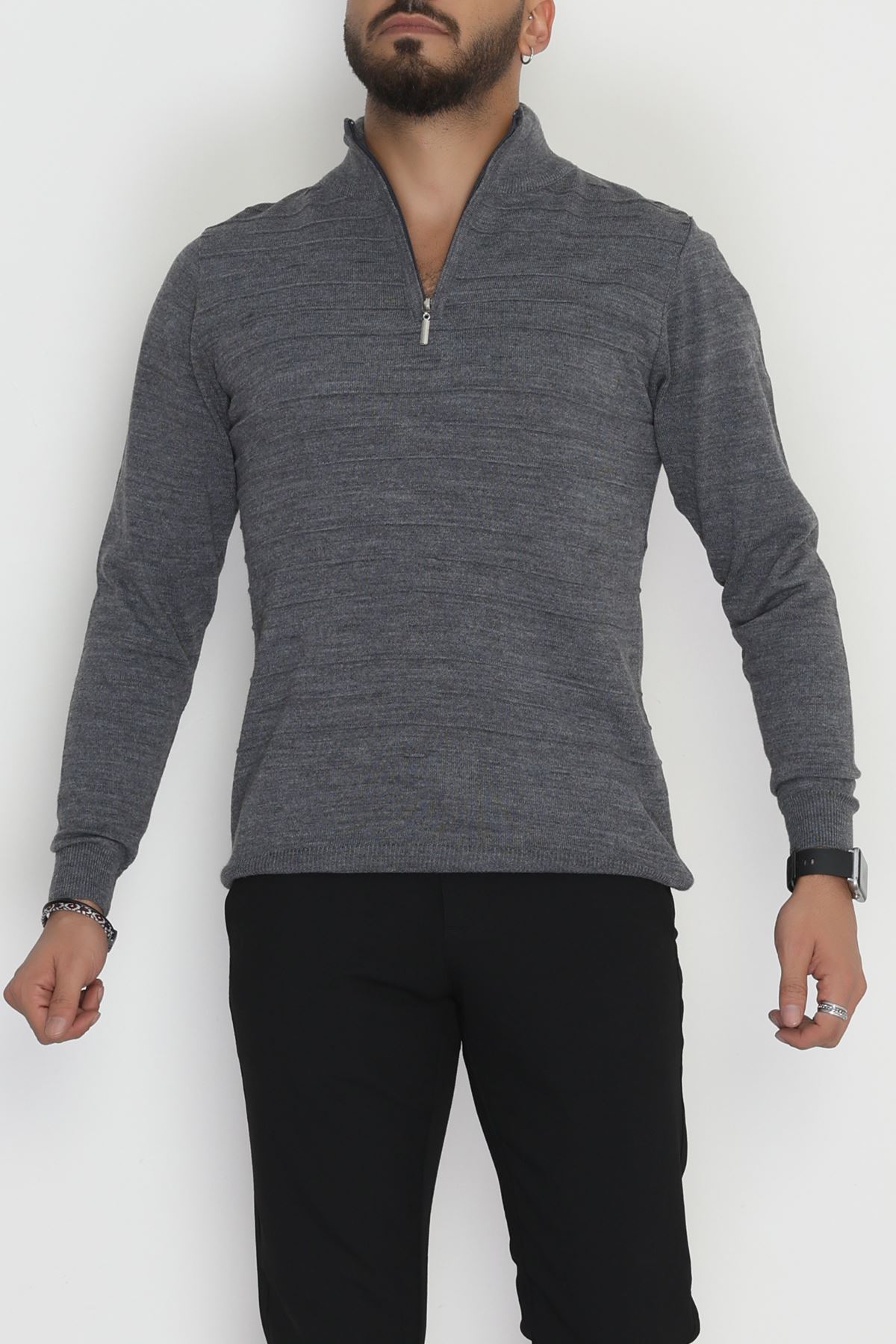 Yakası Fermuarlı Erkek Triko Füme - 2550.2052.