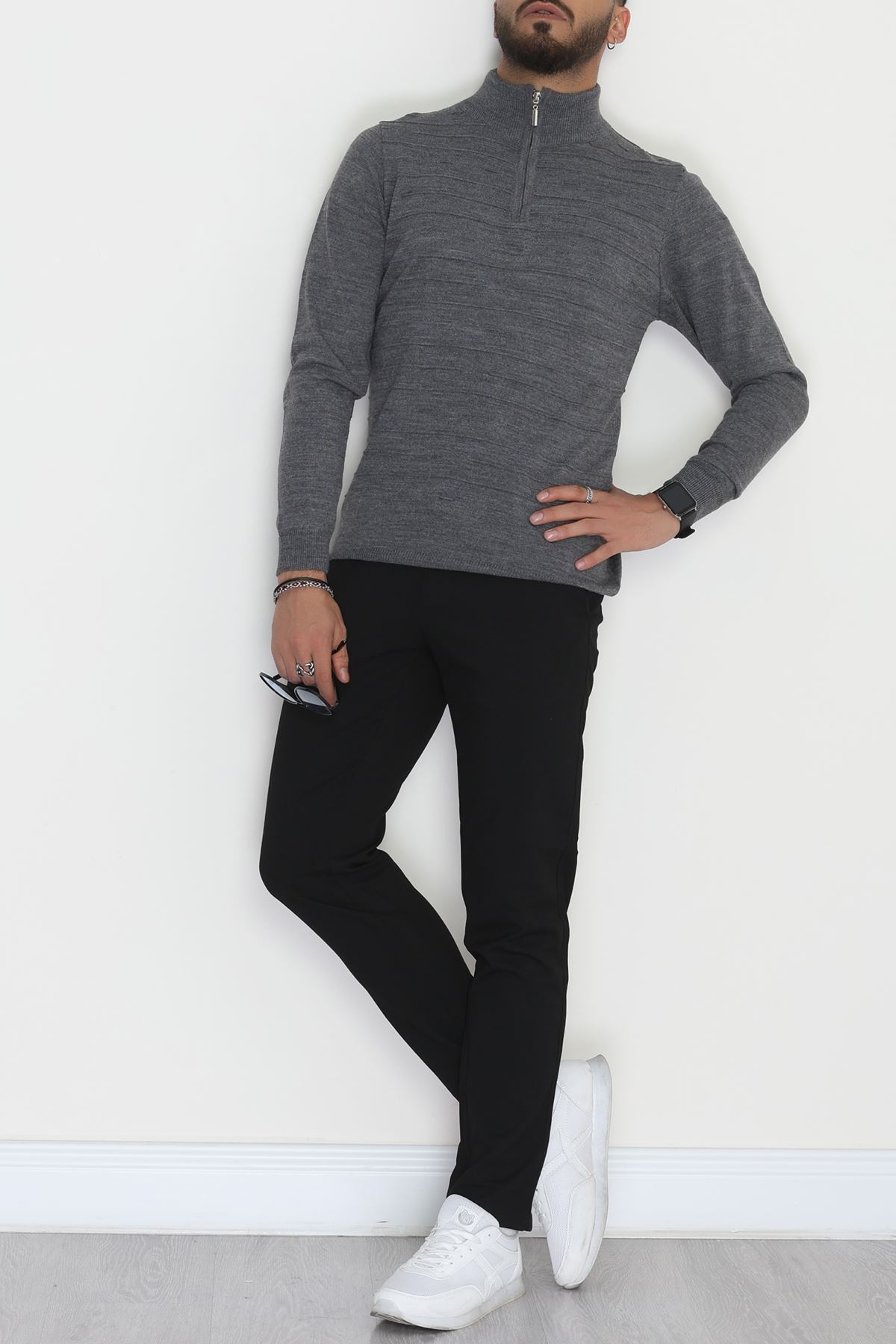 Yakası Fermuarlı Erkek Triko Füme - 2550.2052.