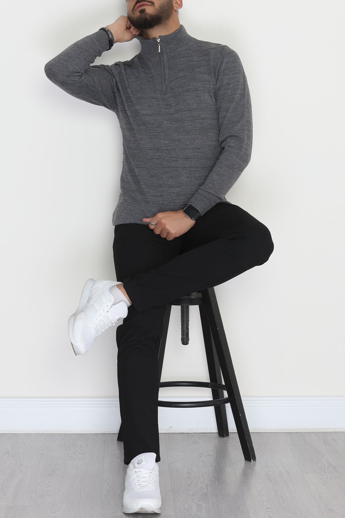 Yakası Fermuarlı Erkek Triko Füme - 2550.2052.